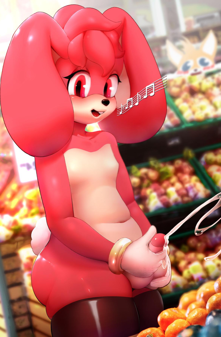 1boy anthro blush coco_(picturd) cum cumshot ejaculation erection exhibitionism furry looking_at_viewer male male_only masturbation musical_note naked_footwear nude open_mouth oranges penis picturd pink_fur public rabbit smile solo sonic_(series) stockings supermarket thighhighs