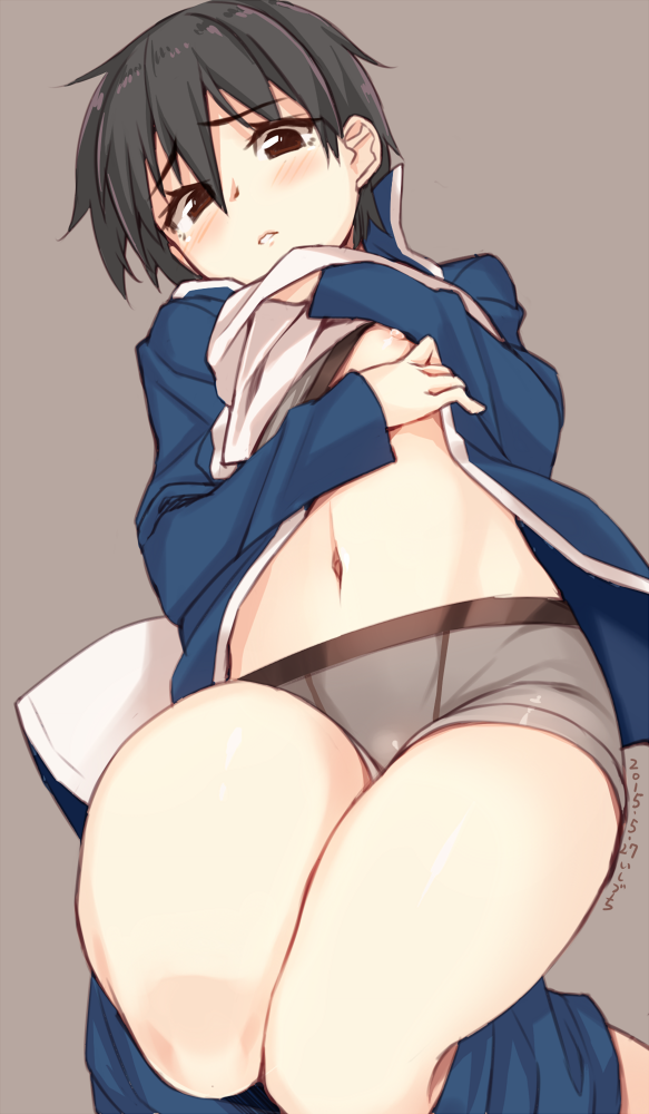 2010s 2015 androgynous black_hair blue_bottomwear blush bottomwear_down boxer_briefs bra_aside brown_eyes crossdressing dated exposed_breast female flat_chest gin_(ginshari) grey_underwear gym_uniform jacket lifted_by_self looking_at_viewer manga navel nervous nipples original original_character shirt_lift short_hair shorts shorts_pull solo solo_female strong_tomboy_(spectrum) tears thighs tomboy track_jacket two_tone_topwear very_short_hair worried