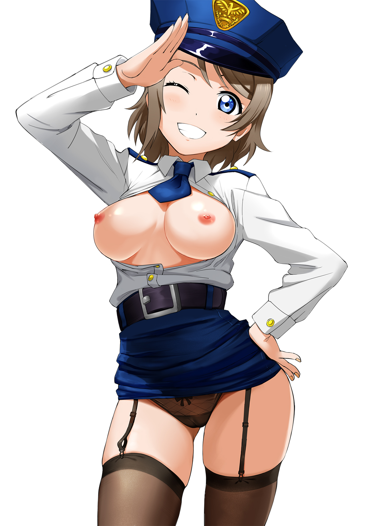 1girls, 2020, areolae, big breasts, blue eyes, breasts, brown hair, clothed, clothing, eye contact, female, garter belt, grey hair, grin, lingerie, lingerie under uniform, looking at viewer, love live!, love live! sunshine!!, one eye closed, short hair, solo, thighs, tie, uniform, watanabe you