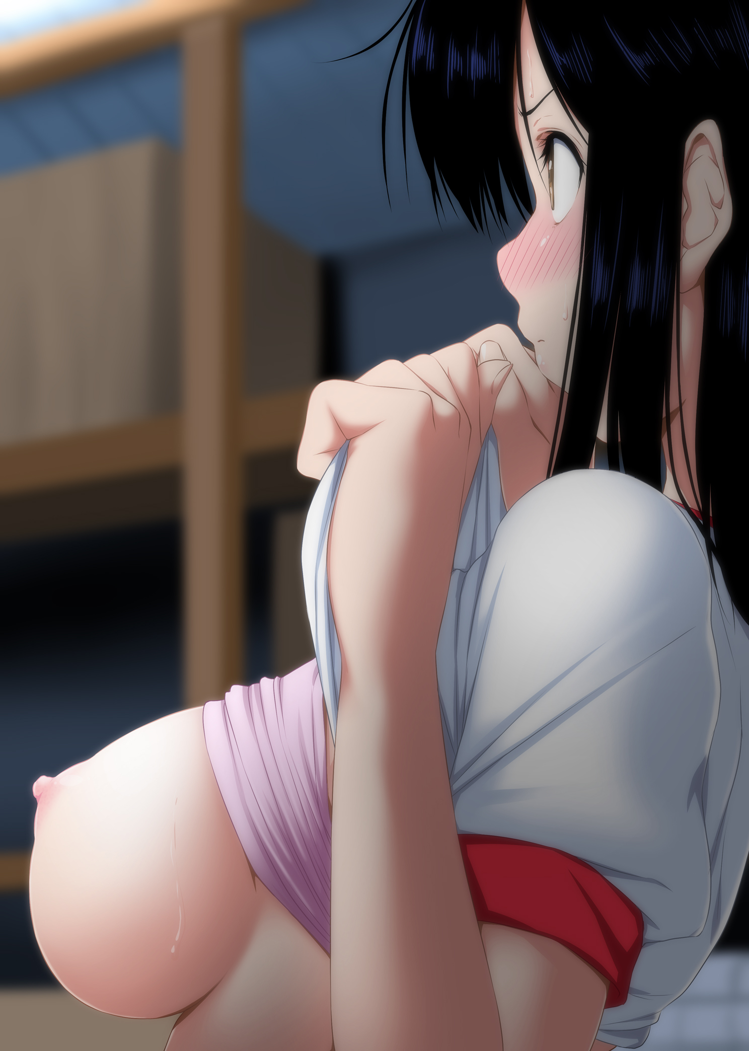 areolae, black hair, blush, breasts, breasts out, female, gym uniform, indoor, inviting, large breasts, long hair, nipples, original, original character, schoolgirl, shirt lift, storage room, yellow eyes