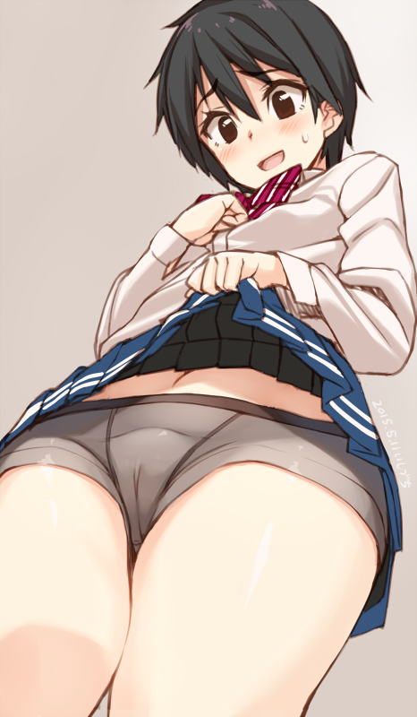 :d black_hair blush bow bowtie boyshorts brown_eyes cameltoe embarrassed eyebrows_visible_through_hair female female_focus female_only from_below gin_(ginshari) hips legs_together lifted_by_self looking_at_viewer looking_down open_mouth original original_character pleated_skirt school_uniform schoolgirl short_hair simple_background skirt skirt_lift smile solo sweat sweatdrop tomboy very_short_hair