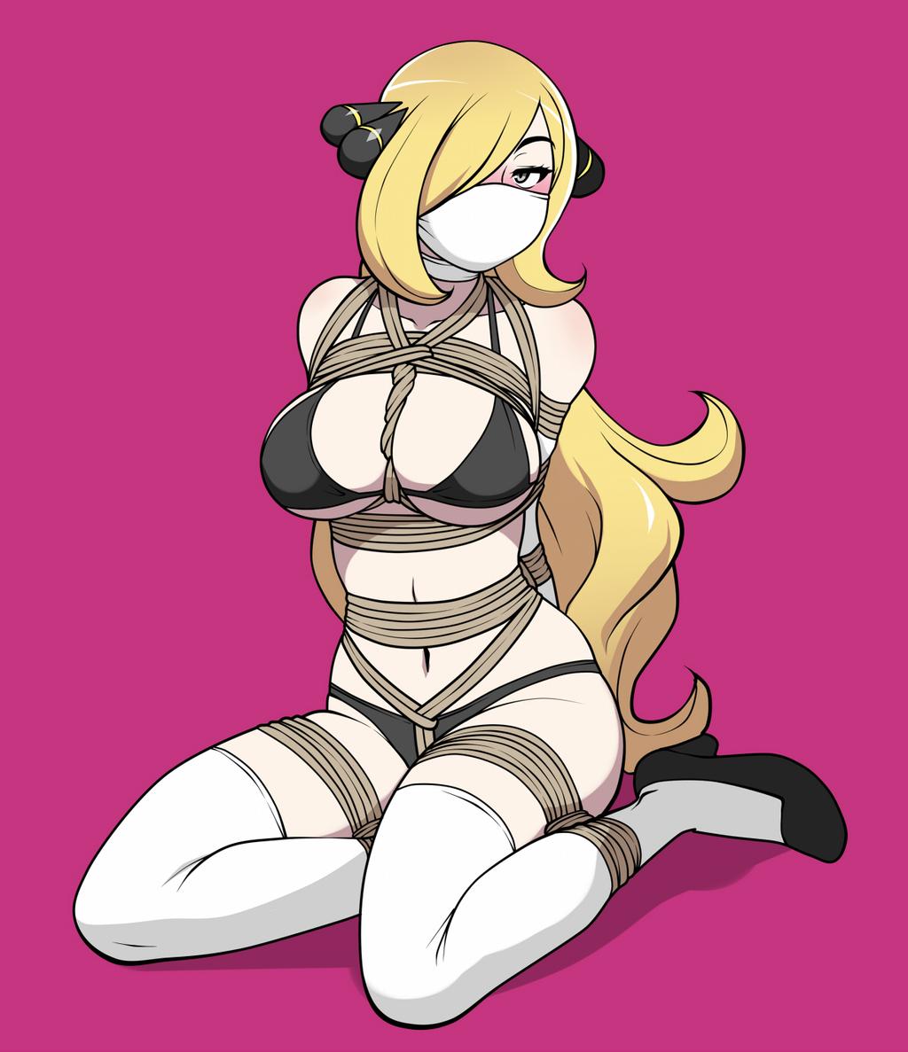 arms behind back, big breasts, bikini, black bikini, black panties, blonde hair, blush, bondage, bound, bra, breasts, choker, cleavage, clothed, crotch rope, cute, cynthia (pokemon), elbow gloves, female, femsub, gag, gagged, grey eyes, hair ornament, heels, high heels, hostage, jam-orbital, kidnapped, kidnapping, lingerie, long hair, mouth gag, nintendo, over the nose gag, pokemon, pokemon dppt, rope, rope between breasts, rope bondage, stockings, submissive female, tied arms, tied hands, tied legs, tied up, underboob, very long hair