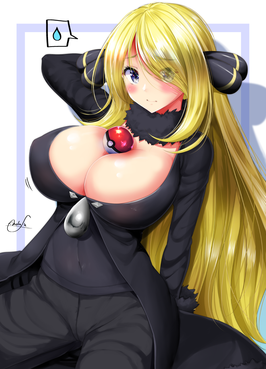 1girls 1girls alternate_breast_size alternate_eye_color arm_behind_head between_breasts black_clothing blonde_hair blush breasts cleavage cynthia_(pokemon) embarrassed eye_contact eyebrows_visible_through_hair eyes_visible_through_hair female fully_clothed green_eyes hair_ornament hair_over_one_eye highres huge_breasts human_only large_breasts long_hair looking_at_viewer mokufuu nintendo poke_ball pokemon pokemon_dppt pose signature simple_background sitting sweatdrop tagme thigh_gap thought_bubble very_long_hair