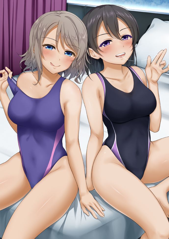 2girls black_hair blue_eyes competition_swimsuit eye_contact female_only gray_hair grey_hair looking_at_viewer love_live! love_live!_sunshine!! multiple_girls one-piece_swimsuit purple_eyes swimsuit thighs tongue watanabe_tsuki watanabe_you