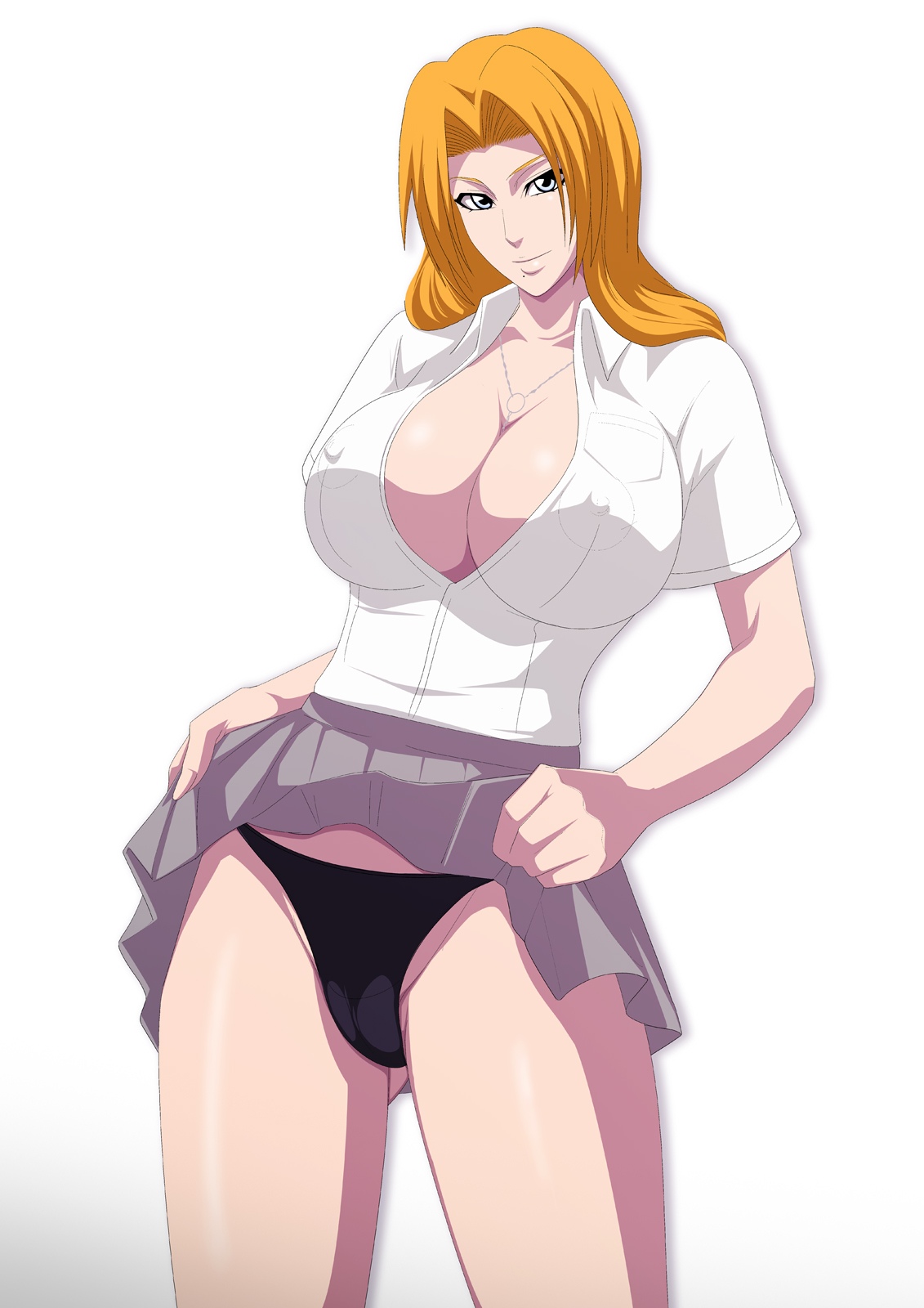1girls, bleach, breasts, female, lime (purple haze), long hair, looking at viewer, matsumoto rangiku, nipples visible through clothing, orange hair, panties, school uniform, schoolgirl, skirt, skirt lift, solo, unbuttoned shirt, underwear, white shirt