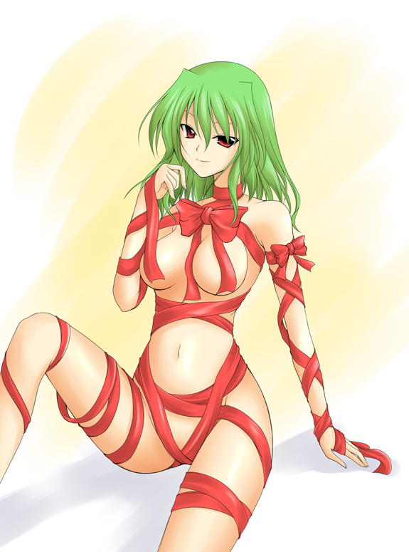 1girls breasts female green_hair kirisaki_byakko kitsunebi naked_ribbon nude red_eyes ribbon ribbons sitting slender_waist smile solo touhou youkai yuka_kazami