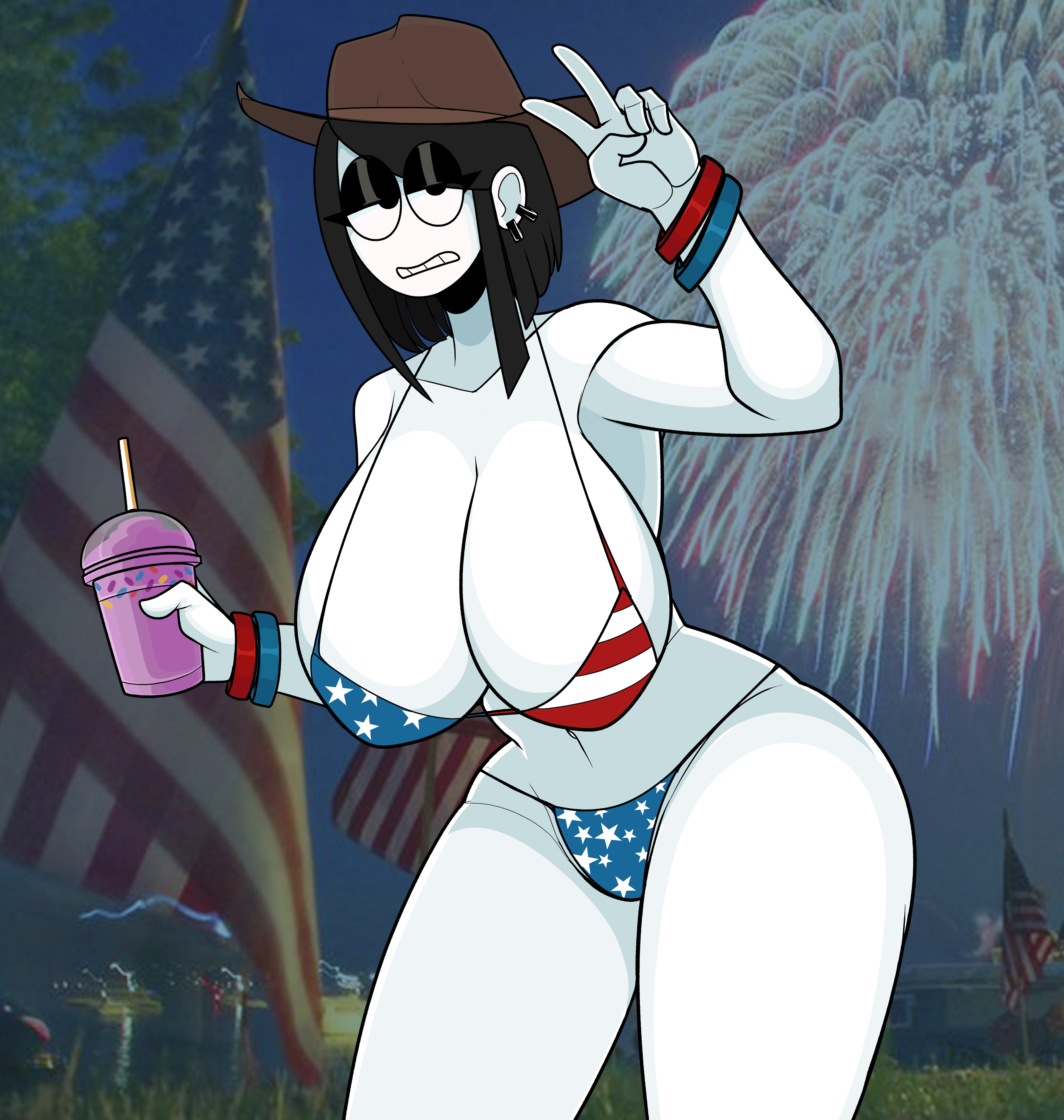 1girls, 4th of july, american flag bikini, big breasts, bikini, black hair, bracelet, breasts, busty, ear piercing, earrings, female, female only, fireworks, goth, goth girl, grimace shake, half-closed eyes, hat, huge breasts, large breasts, looking at viewer, mcdonald's, piercing, saltynoodles, solo, thick thighs, veronica (saltynoodles), white skin, wide hips