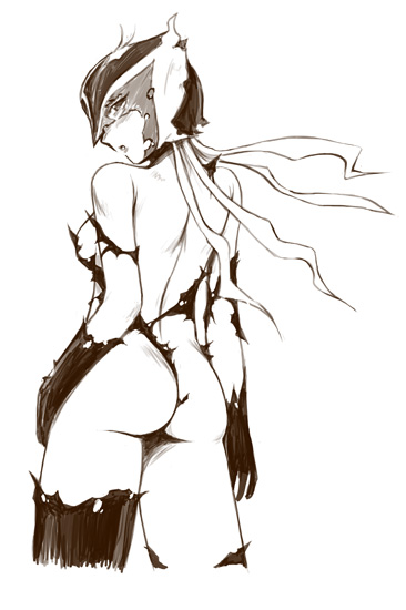 1girls ass breasts clothing defeated doronjo female human large_breasts long_hair mask monochrome noise_(tsuzuki) sketch standing stockings time_bokan_(series) torn_clothes villainess yatterman