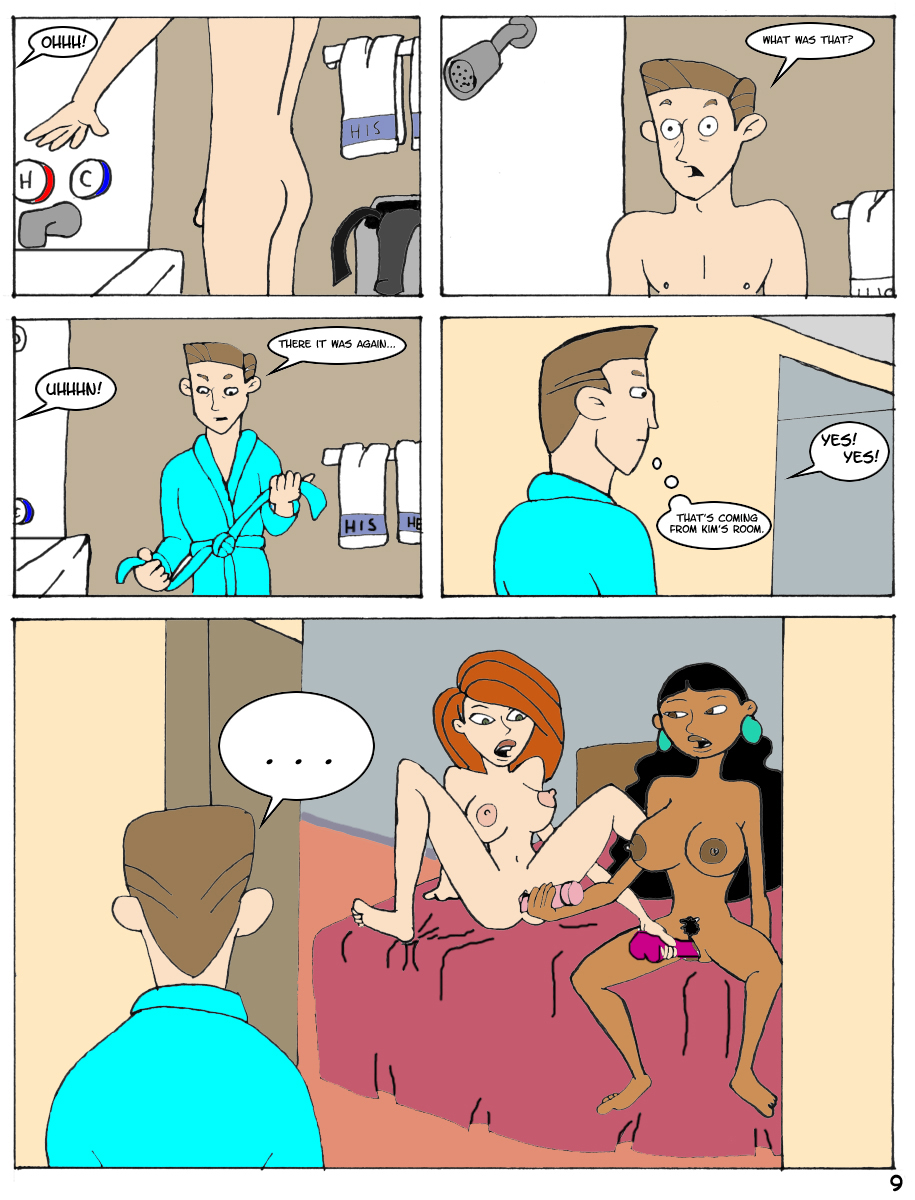 1boy 2girls ann_possible bonnie_rockwaller breasts comic disney disney_channel english_text female guess_whos_coming human imminent_rape james_timothy_possible karmagik kim_possible kimberly_ann_possible male monique_(kim_possible) multiple_girls nipples penis pussy straight_hair text