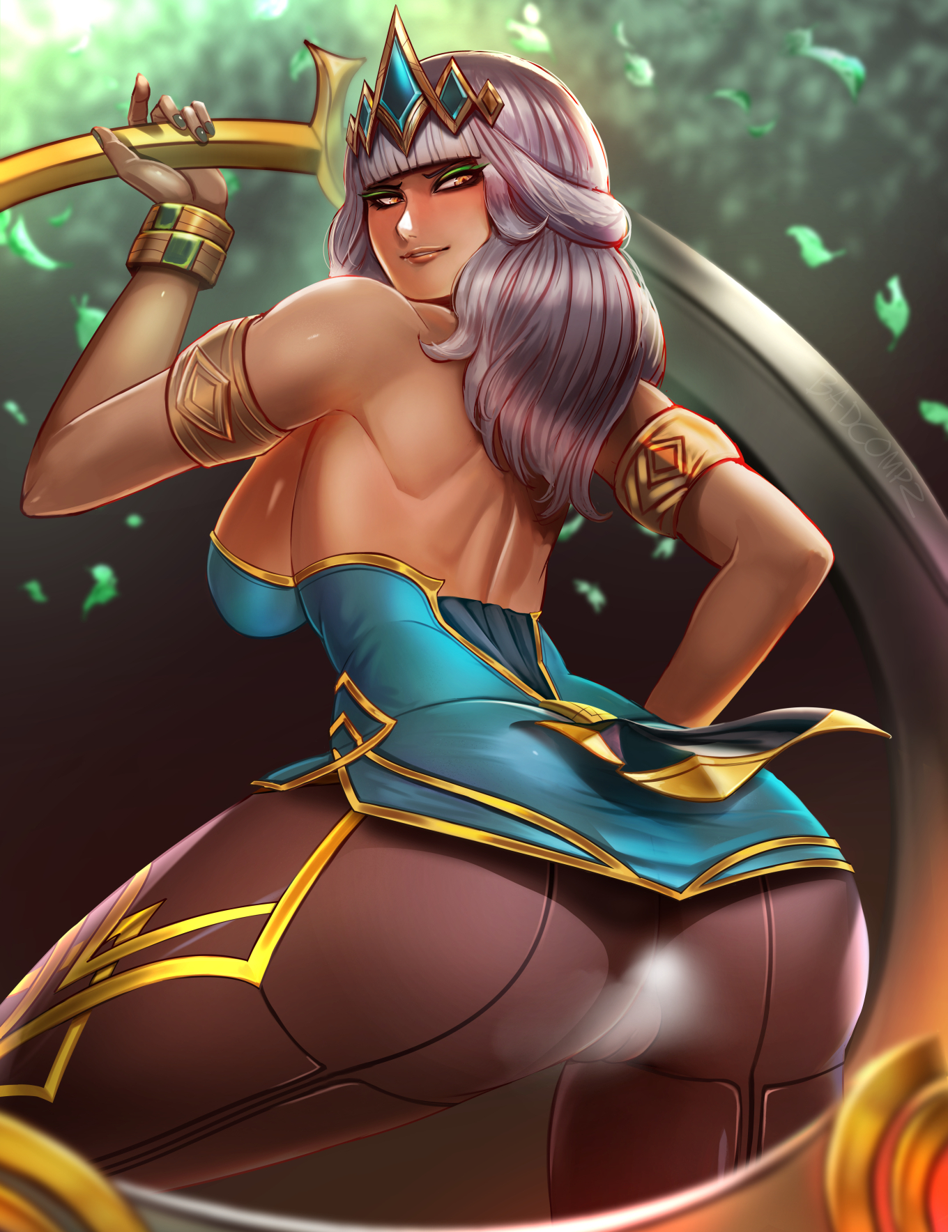 1girls, badcompzero, big breasts, breasts, cameltoe, dark skin, dark-skinned female, female, female only, fully clothed, large breasts, league of legends, looking at viewer, looking back, pussy, qiyana yunalai, solo
