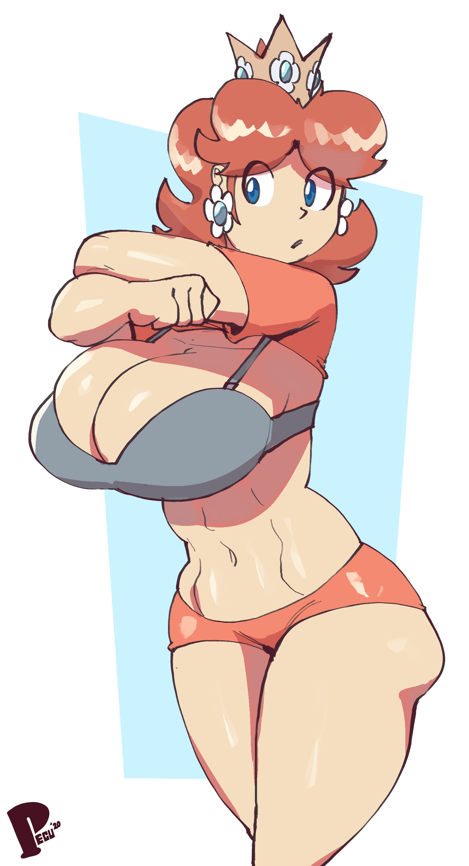 1girls, abs, big breasts, bra, breasts, cleavage, female, large breasts, mario (series), nintendo, peculiart, princess daisy, solo, undressing