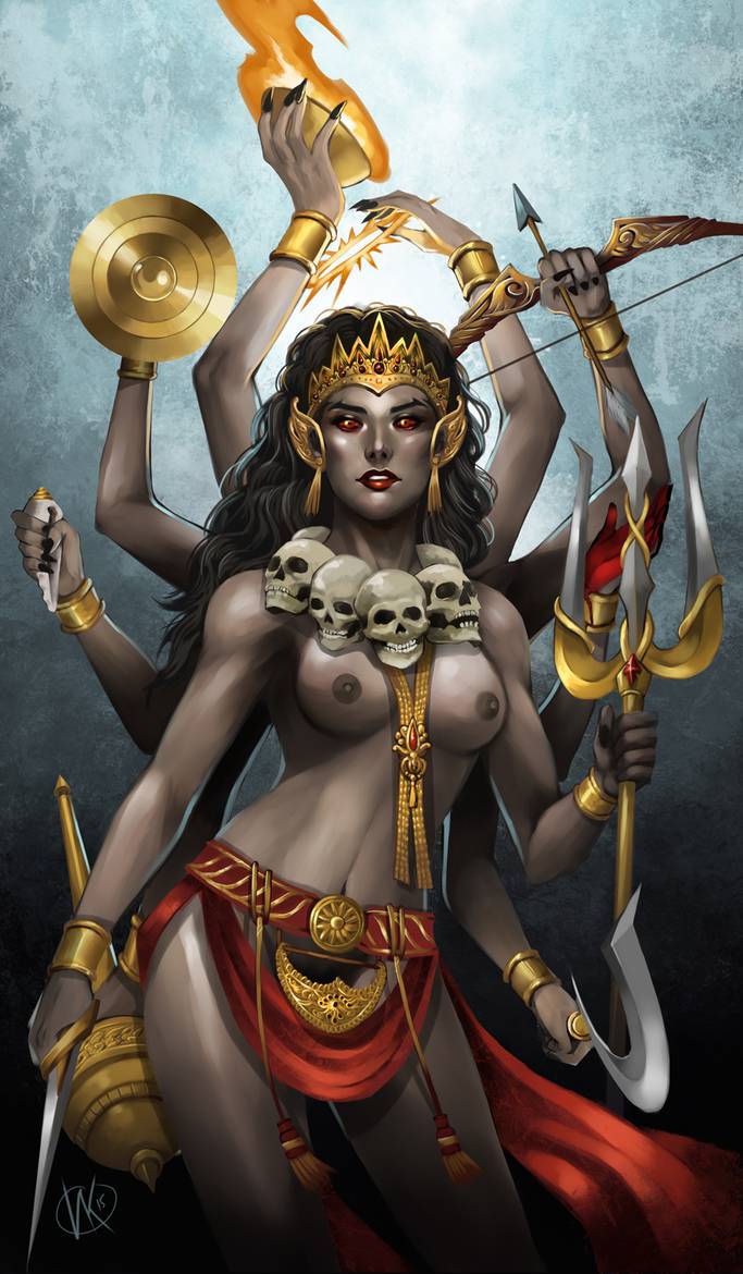 10_arms 1girls breasts clothing curvaceous female goddess hindu_mythology kali large_breasts long_hair multi_arm multi_limb tasteful_nudity