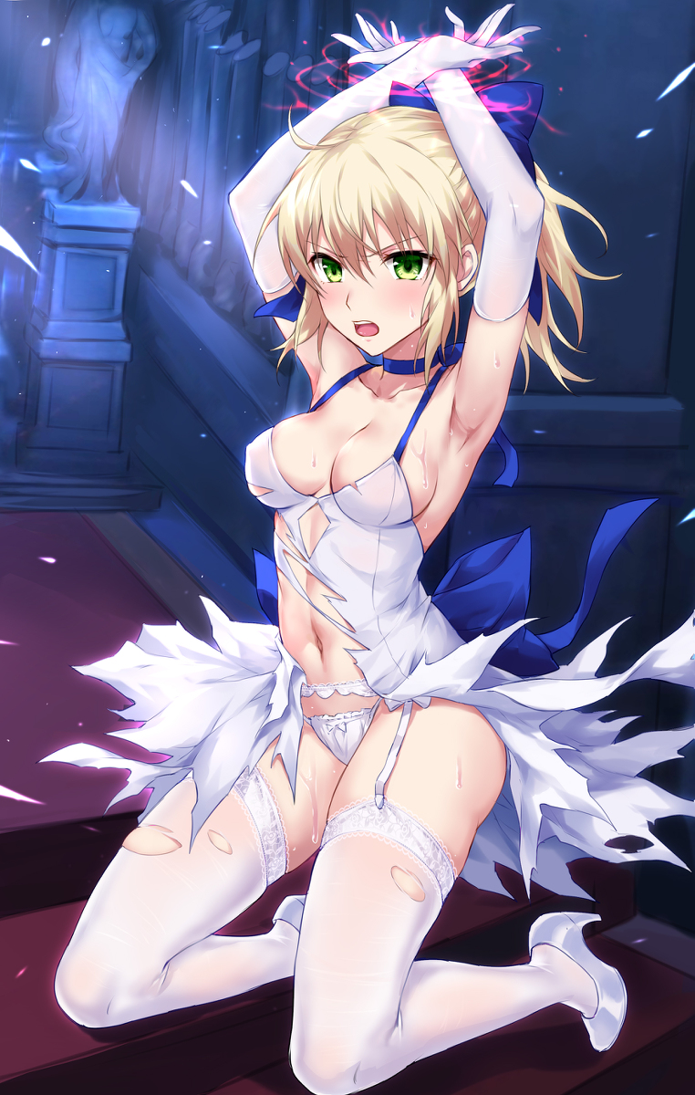 1girls angry arms_above_head arms_up artoria_pendragon blonde_hair blue_ribbon bondage breasts damsel_in_distress defiant devil_heavens elbow_gloves fantasy fate/stay_night fate_(series) female_focus female_only forced garter_belt garter_straps green_eyes hands_above_head heels high_heels kneeling light-skinned_female light_skin lingerie looking_at_viewer magic magic_bondage magic_restraints nipples nipples_visible_through_clothing on_knees open_mouth opera_gloves pale-skinned_female pale_skin panties saber solo solo_focus statue thighhighs thong torn_clothes torn_dress torn_thighhighs unamused unhappy unhappy_female white_clothing white_dress white_lingerie