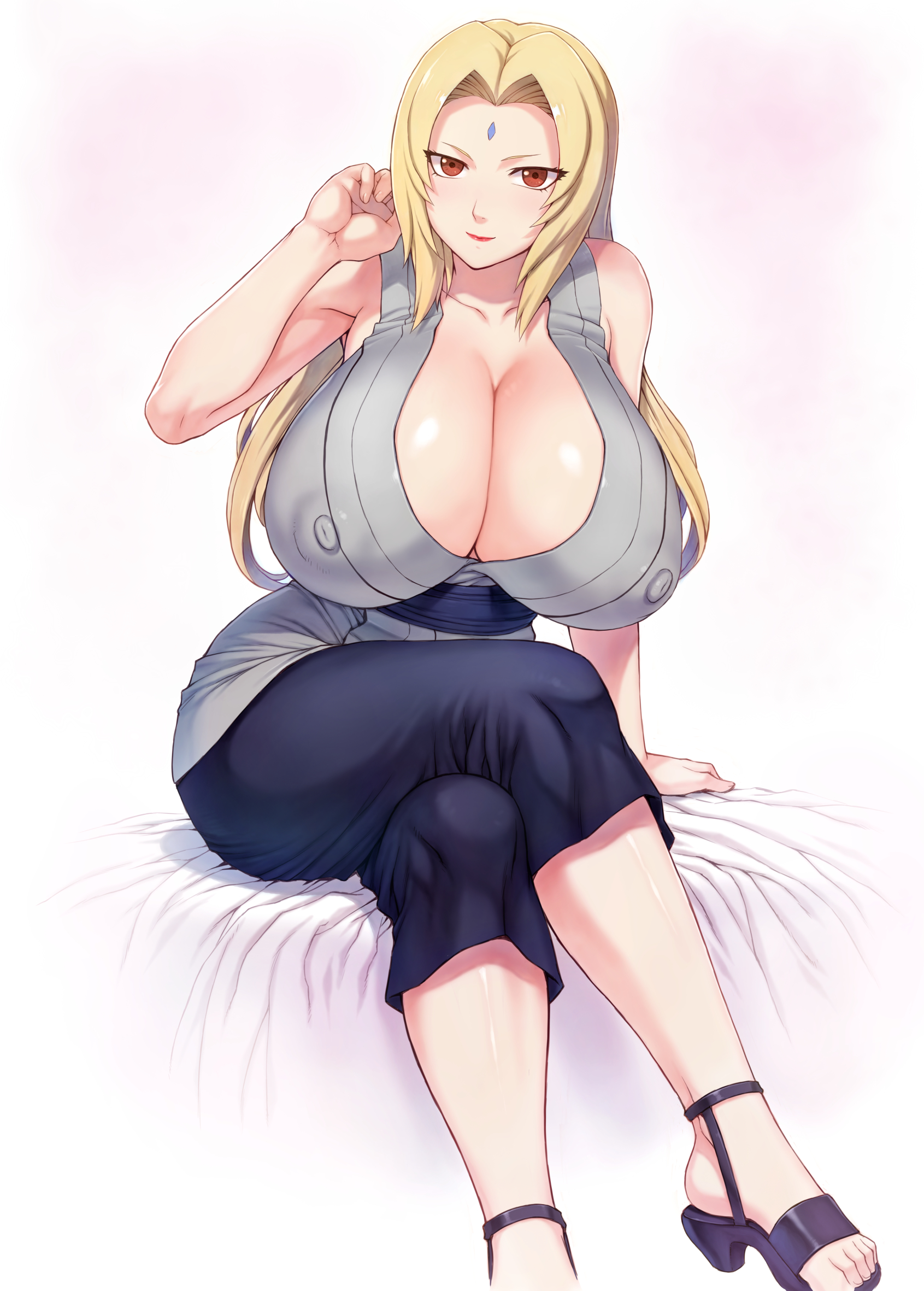 1girls, ass, big ass, big breasts, blonde hair, breasts, cleavage, erect nipples, eyelashes, female, female only, huge breasts, large breasts, long hair, mature female, mogudan, naruto, naruto (series), nipple bulge, nipples, nipples visible through clothing, pale skin, red eyes, shounen jump, solo, thick thighs, tsunade, voluptuous, white background, wide hips