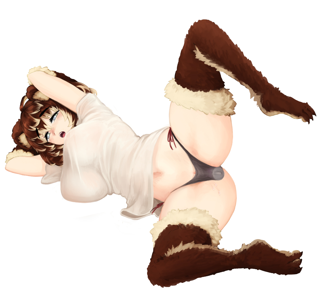 ahoge animal_ears arms_behind_head barb-tan barbariank bear_ears black_panties blonde_hair breasts brown_hair clothing commentary dildo dildo_under_panties eyebrows_visible_through_hair female full_body large_breasts leg_up looking_at_viewer lying masturbation multicolored_hair navel no_pants object_insertion on_side open_mouth original panties paws shirt short_sleeves side-tie_panties silver_eyes simple_background solo spread_legs symbol_commentary two-tone_hair underwear vaginal_object_insertion vaginal_penetration white_background white_shirt