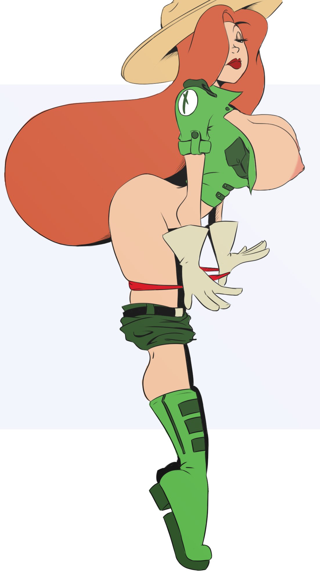 breasts, busty, disney, female, female focus, female only, hourglass figure, jessica rabbit, jessica rabbit (ranger), large ass, large breasts, nipples, nuuds-n-luuds, pose, posing, tight fit, uniform, who framed roger rabbit, wide hips