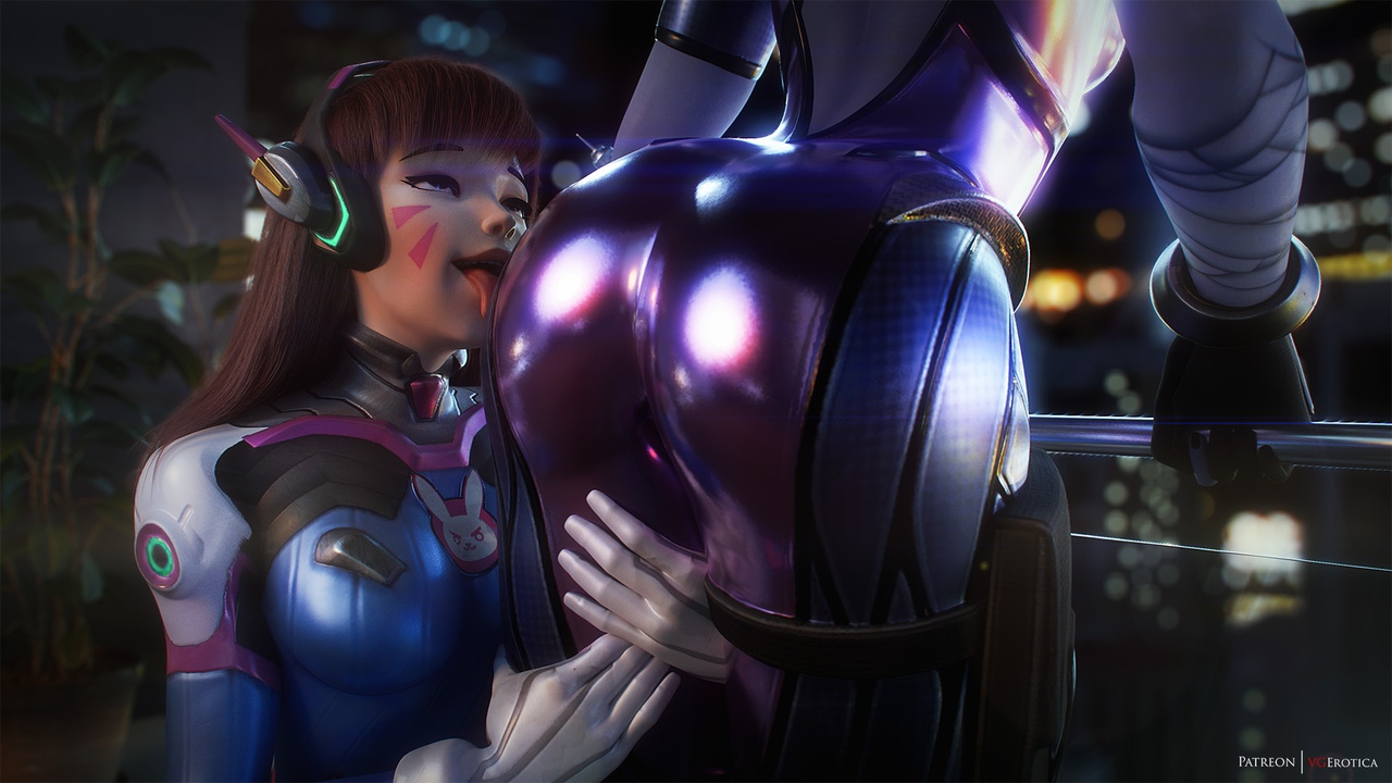 2girls, 3d, ass, ass worship, big ass, breasts, brown eyes, brown hair, d.va, duo, female, female only, large ass, licking, licking ass, long hair, looking at another, overwatch, purple skin, small breasts, tattoo, tight clothing, vgerotica, widowmaker, yuri