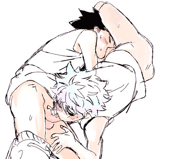 2boys, 69, black hair, blowjob, blush, bottomless, cock gobble, cock hungry, cum hungry, double blowjob, gay, giving head, going down on, gon freecss, holding penis, hunter x hunter, killua zoldyck, knob polishing, male, male only, multiple boys, multiple males, mutual fellatio, pants down, penis, spiky hair, sucking, sucking off, sweat, sweating, teenager, underwear around one leg, white hair, yaoi