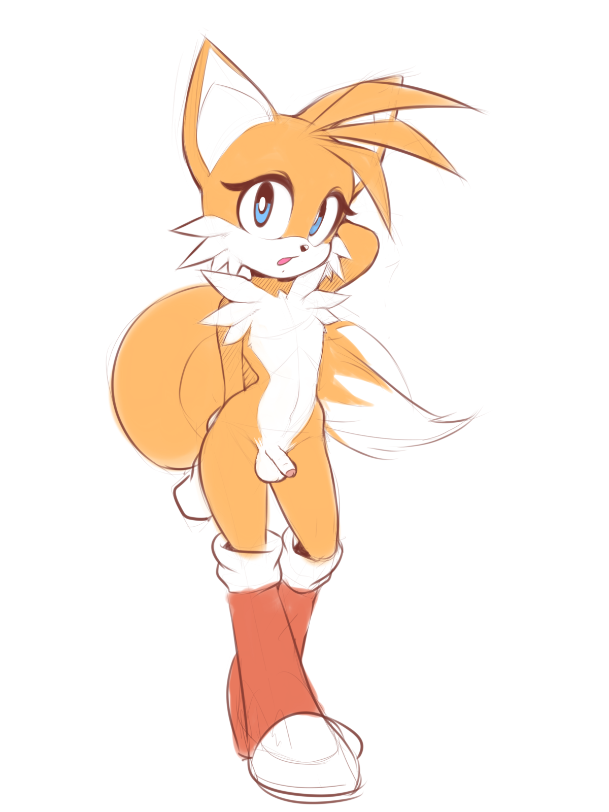 3:4, anthro, balls, boots, canid, canine, clothing, femboy, feminine tails, flaccid, flat colors, footwear, foreskin, fox, genitals, girly, hi res, humanoid genitalia, humanoid penis, looking at viewer, male, male only, mammal, mostly nude, penis, plantpenetrator, sketch, solo, sonic (series), sonic the hedgehog (series), tail, tails, tails the fox, trap, twink, uncircumcised, uncut