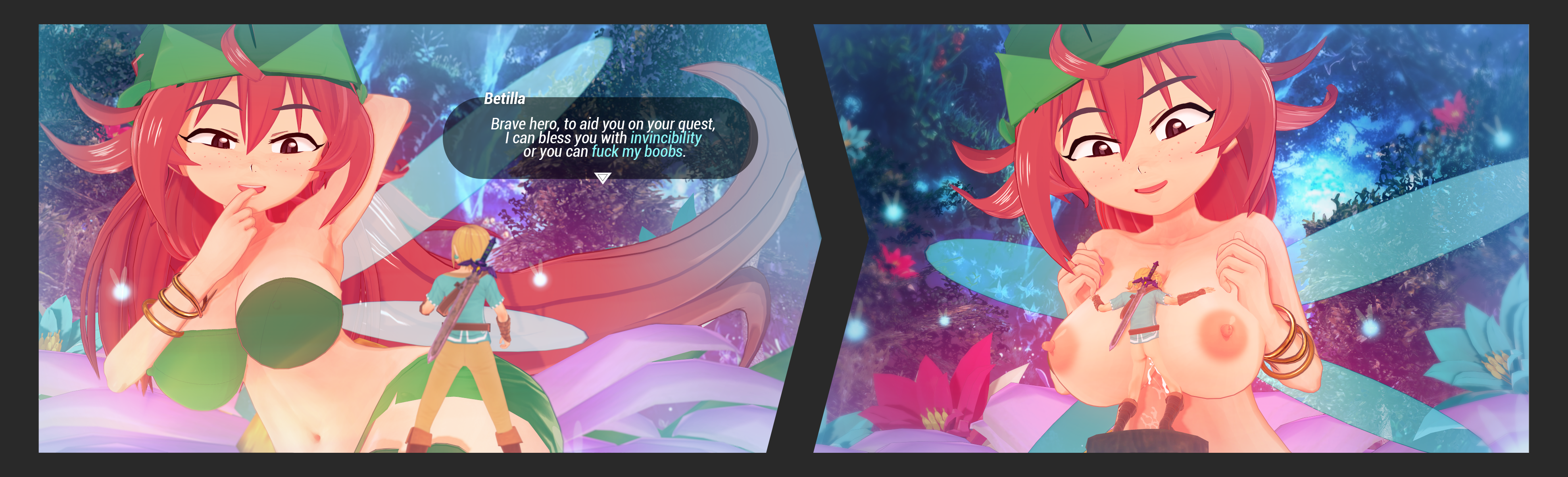 1boy, 1girls, 2koma, ass, betilla (rayman), big breasts, bodily fluids, breasts, breath of the wild, clothed sex, cum, cum between breasts, dialogue, ejaculation between breasts, english, english text, fairy, female, giant fairy, giantess, huge breasts, hylian, large ass, larger female, link, macro, male, mammal, nipples, nymph (rayman), paizuri, rayman (series), rayman origins, red hair, sex, size difference, smaller male, straight, the legend of zelda, titjob, witchanon