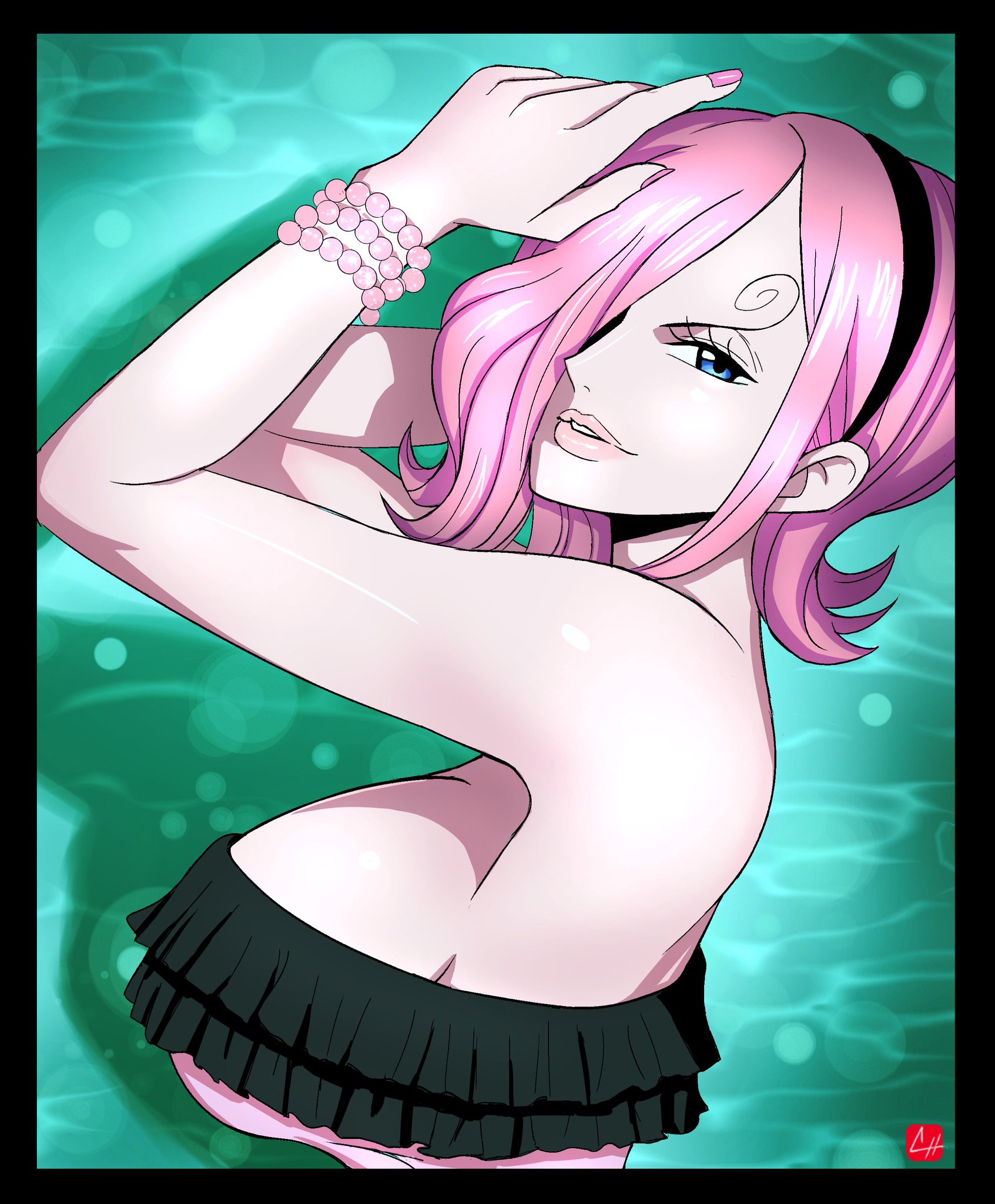 1girls, artist request, blue eyes, bracelet, breasts, female, female only, hair over one eye, lipstick, looking at viewer, nail polish, one piece, pink hair, pink-haired female, princess, tubetop, underboob, vinsmoke reiju