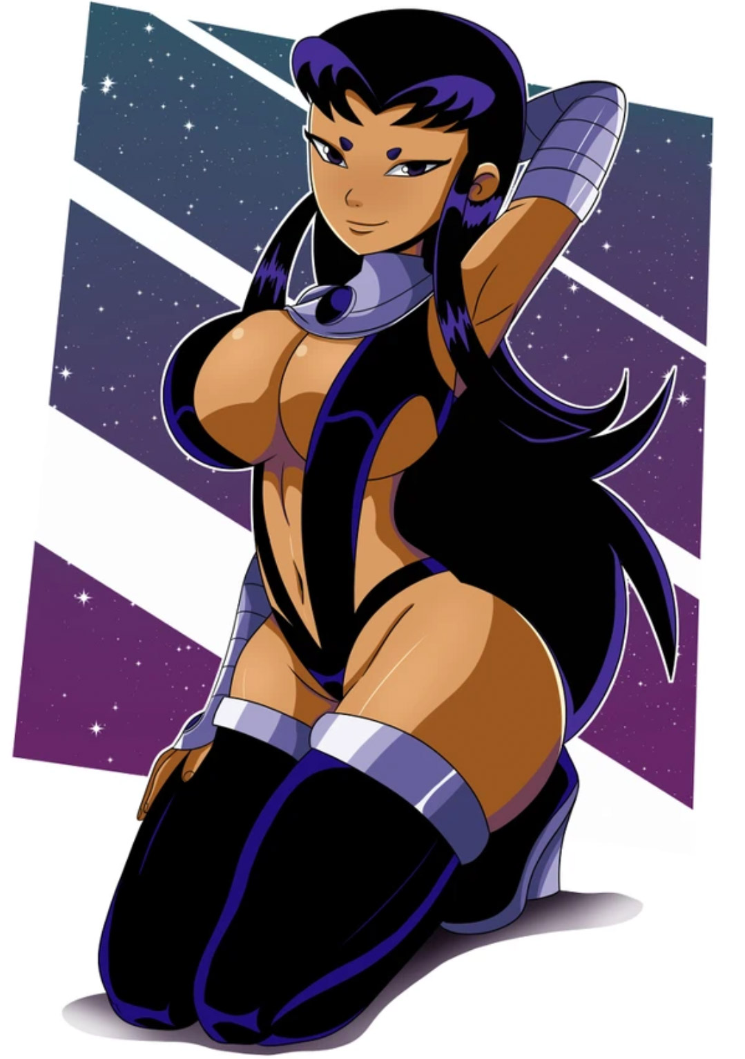 1girls, alien, alien girl, alien humanoid, arm up, armpit fetish, armpits, belly, big breasts, black hair, blackfire, boots, breasts, cartoon network, cleavage, clothed, clothed female, dc, dc comics, female, female only, high heel boots, komand'r, large breasts, long hair, orange skin, presenting armpit, presenting armpits, purple eyes, smile, solo, sonson-sensei, supervillain, tamaranean, teen titans, teenager, thighhigh boots, thighhighs