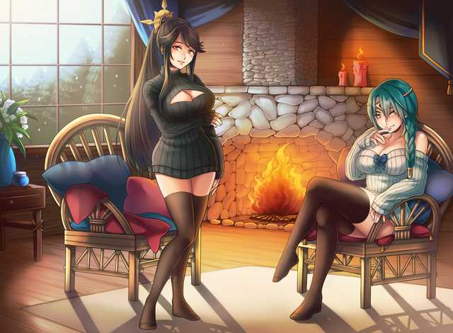 big_breasts black_hair blue_hair bow braid breasts candle chair cleavage clothing female female_only fire_emblem fire_emblem_fates fire_emblem_heroes fireplace headgear long_hair mikoto_(fire_emblem) milf nintendo pov red_eyes revealing_clothes snowcarnival sweater thick_thighs thighhighs thorr_(fire_emblem) virgin_killer_sweater window