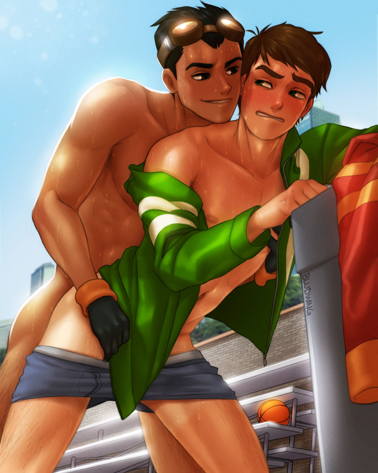 2boys abs anal armpit_hair armpits ass ben_10 ben_tennyson bludwing body_hair cartoon_network clothing crossover from_behind gay generator_rex hairy_male jacket leg_hair legs legs_spread male male_only muscles muscular nipples partially_clothed pectorals penetration pubic_hair rex_salazar skinny sweat yaoi