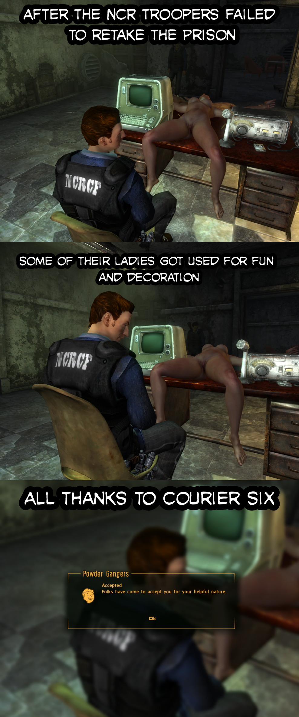 1girls 2boys 3d 3d_(artwork) breasts clothed clothed_male_nude_female cmnf eddie_(fallout_new_vegas) exposed_breasts exposed_nipples exposed_pussy fallout fallout_new_vegas feet humiliation lying_on_back lying_on_table ncr_soldier nude nude_female on_table pussy source_request spread_legs table text vg05