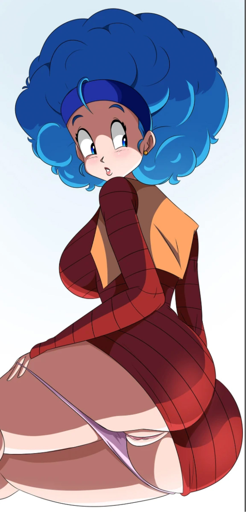 1girls, afro, ass, big breasts, blue eyes, blue hair, breasts, bulma (afro), bulma briefs, dragon ball, dragon ball z, earrings, female, female only, panties, pussy, solo, solo female, solo focus, sonson-sensei