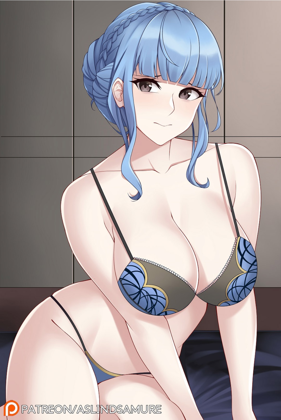 1girls, artist name, aslindsamure, black eyes, blue and black bra, blue and yellow panties, blue hair, bra, breasts, embarrassed, female, fire emblem, fire emblem: three houses, large breasts, long hair, marianne von edmund, nintendo, panties, solo, thick thighs, tied hair
