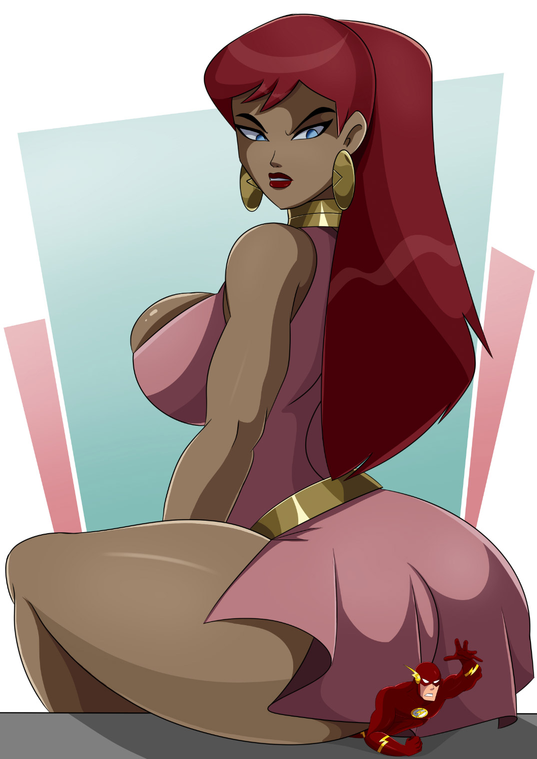 big breasts, breasts, butt crush, crush (love), dc, dc comics, dcau, dress, earrings, female, giantess, giganta, justice league, justice league unlimited, long hair, male, mature female, red eyes, red hair, redhead, sitting on person, size difference, smaller male, sonson-sensei, straight, taller female, the flash, the flash (series), thick thighs, wally west, wonder woman (series)