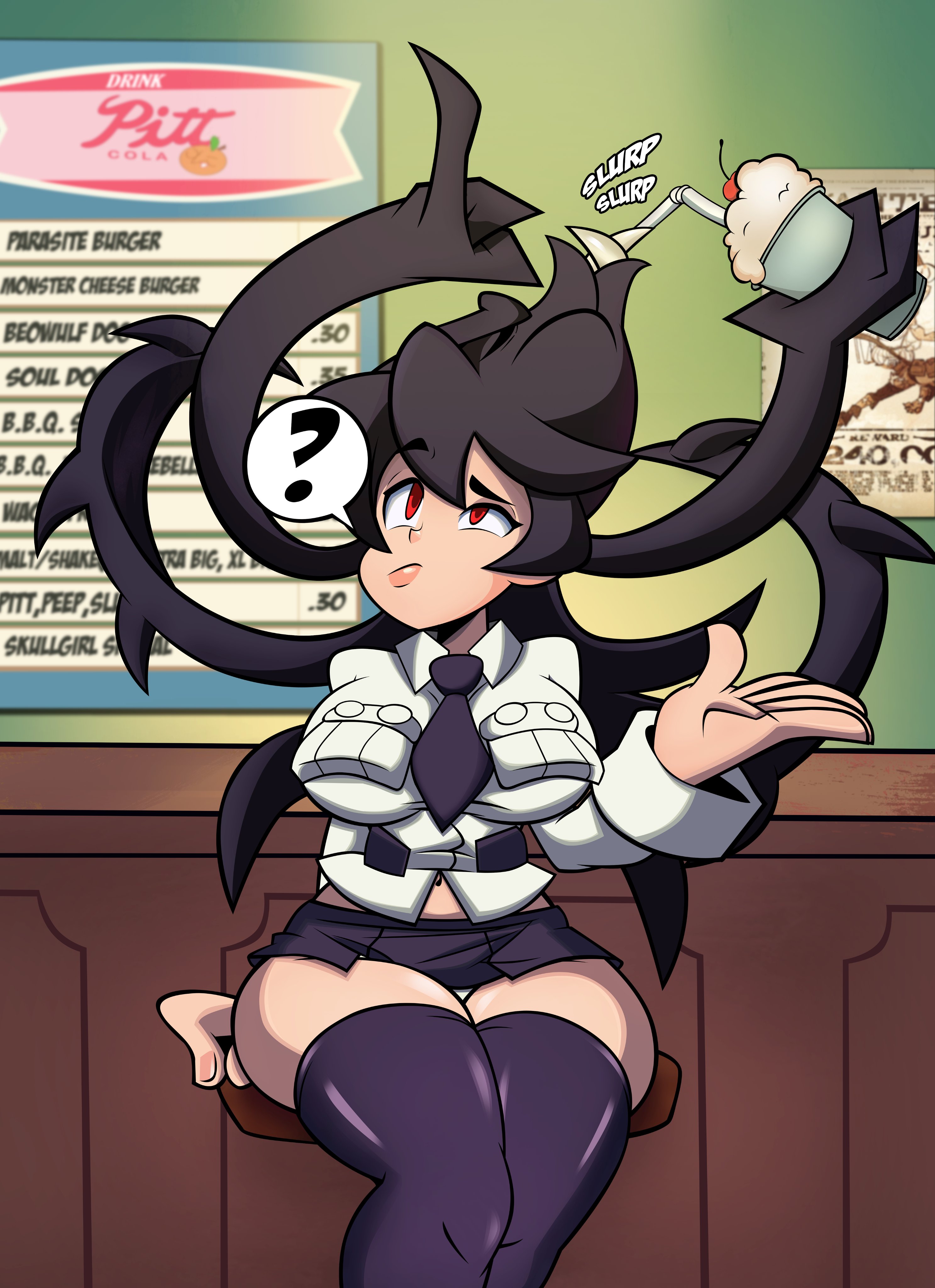 1girls, artist name, big breasts, black footwear, black hair, black legwear, black skirt, black stockings, breast expansion, breast growth, breast growth (enlargement), breasts, busty, curvy, detailed background, female, female only, filia (skullgirls), footwear, front view, grimphantom, half-closed eyes, hourglass figure, human, indoor, inside, legwear, long hair, looking up, navel, pose, posing, red hair, room, samson (skullgirls), short skirt, sitting, skirt, skullgirls, solo, stockings, text, thick thighs, tied, very long hair, video game, video games, voluptuous, wide hips