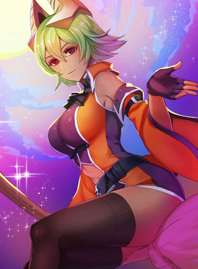 alternate_costume big_breasts bow bow_tie breasts broom clothing dark-skinned_female dark_skin dress fire_emblem fire_emblem_heroes green_hair halloween halloween_costume horn kokouno_oyazi laegjarn_(fire_emblem) mia_(fire_emblem)_(cosplay) nintendo pose pov reaching_out red_eyes revealing_clothes sideboob smile source_request thick_thighs thighhighs