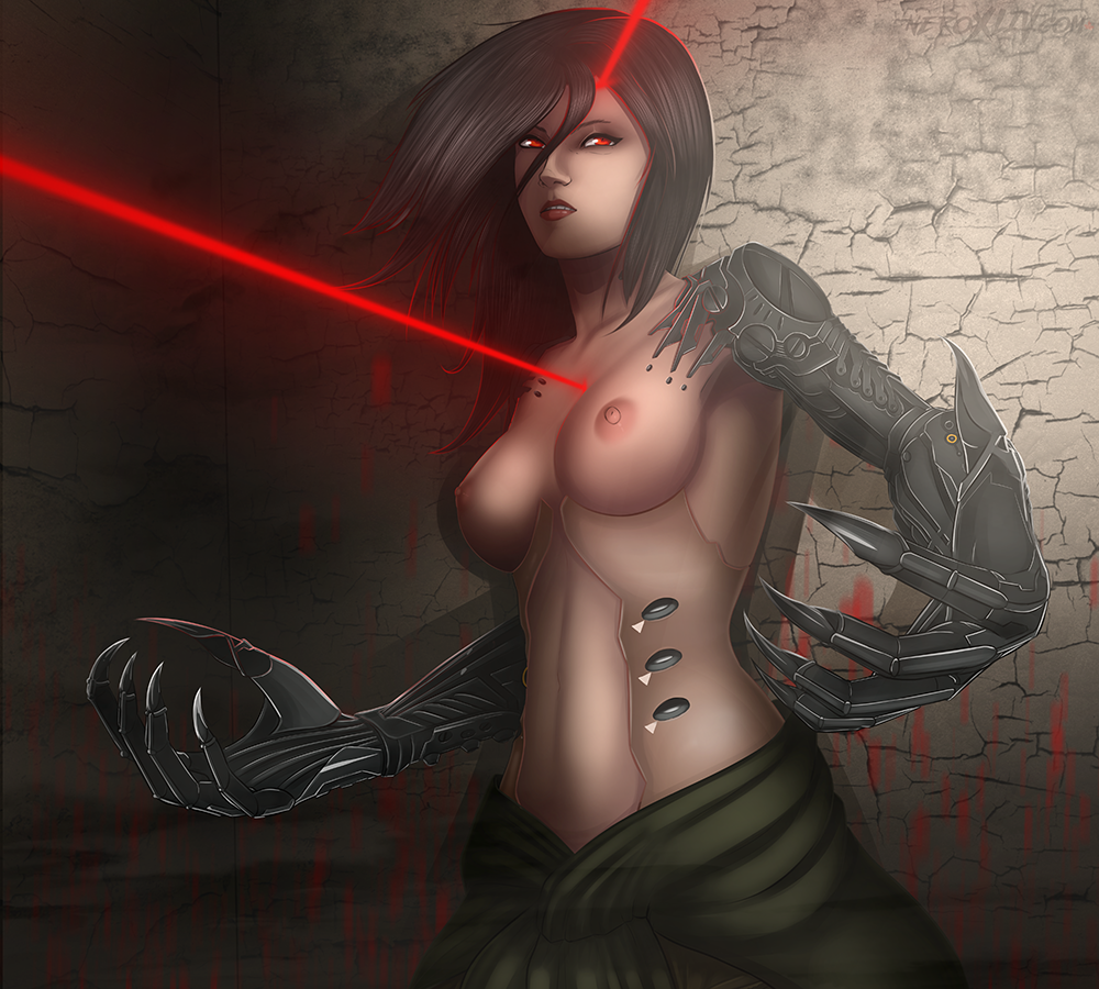 1girls areolae black_hair blood breasts claws cyberpunk cyborg female glory glory_(shadowrun:_dragonfall) looking_away medium_breasts medium_hair metal neroxliv nipples pale_skin pinup red_eyes shadowrun shadowrun:_dragonfall synthetic topless white_skin