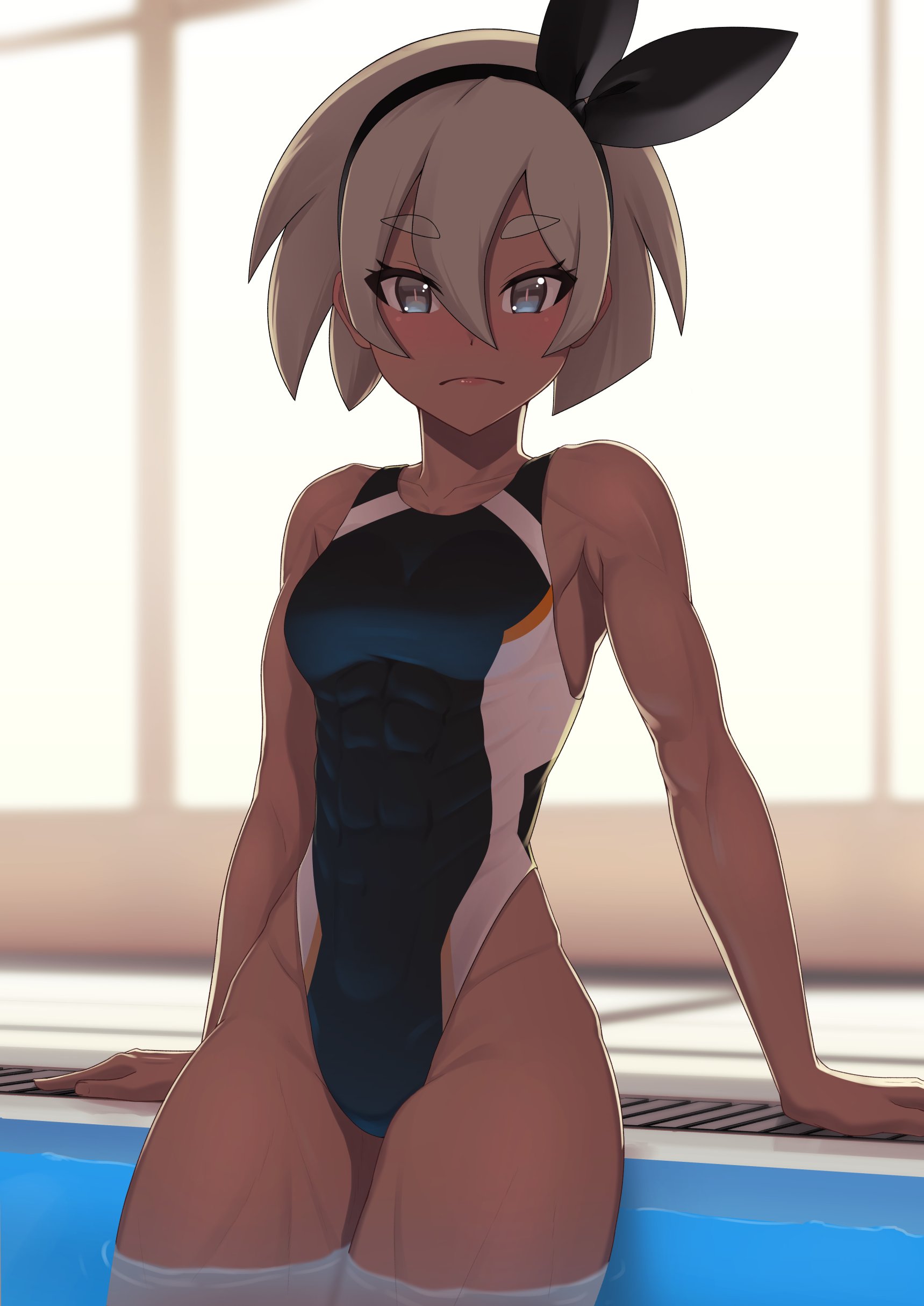 1girls, abs, alternate outfit, armpits, bea (pokemon), dark skin, dark-skinned female, female, headband, human only, looking at viewer, muscular, muscular female, nintendo, one-piece swimsuit, pokemon, pokemon ss, putcher, school swimsuit, solo, swimsuit, thick thighs, white hair, wide hips