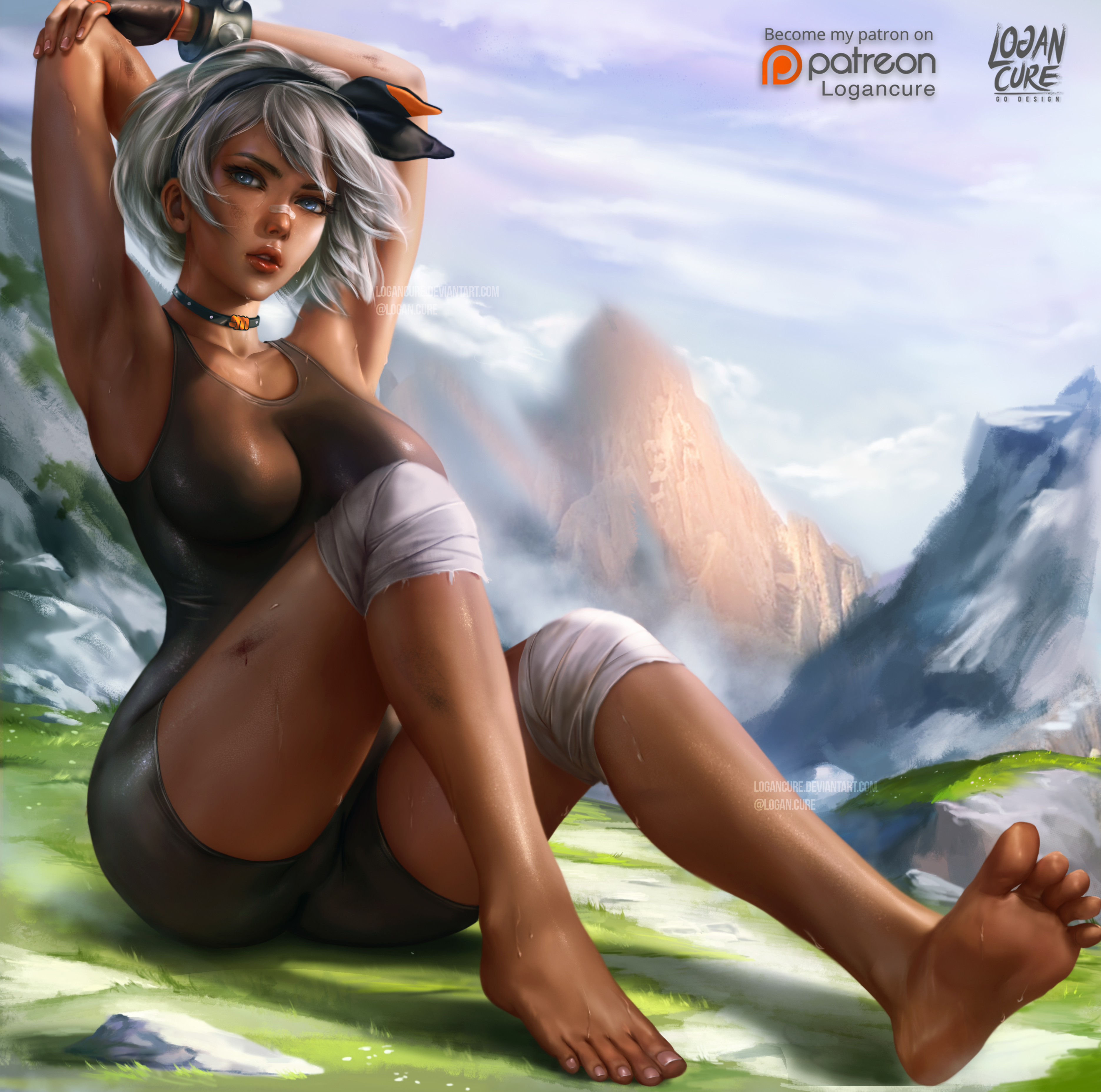 1girls, absurdres, annoying watermark, barefoot, bea (pokemon), bodysuit, breasts, cleavage, clothed female, dark skin, dark-skinned female, feet, female, female only, foot fetish, highres, human only, injury, logan cure, looking at viewer, nintendo, patreon, pokemon, pokemon ss, soles, sweat, text, toes, url, watermark, wet, wide hips