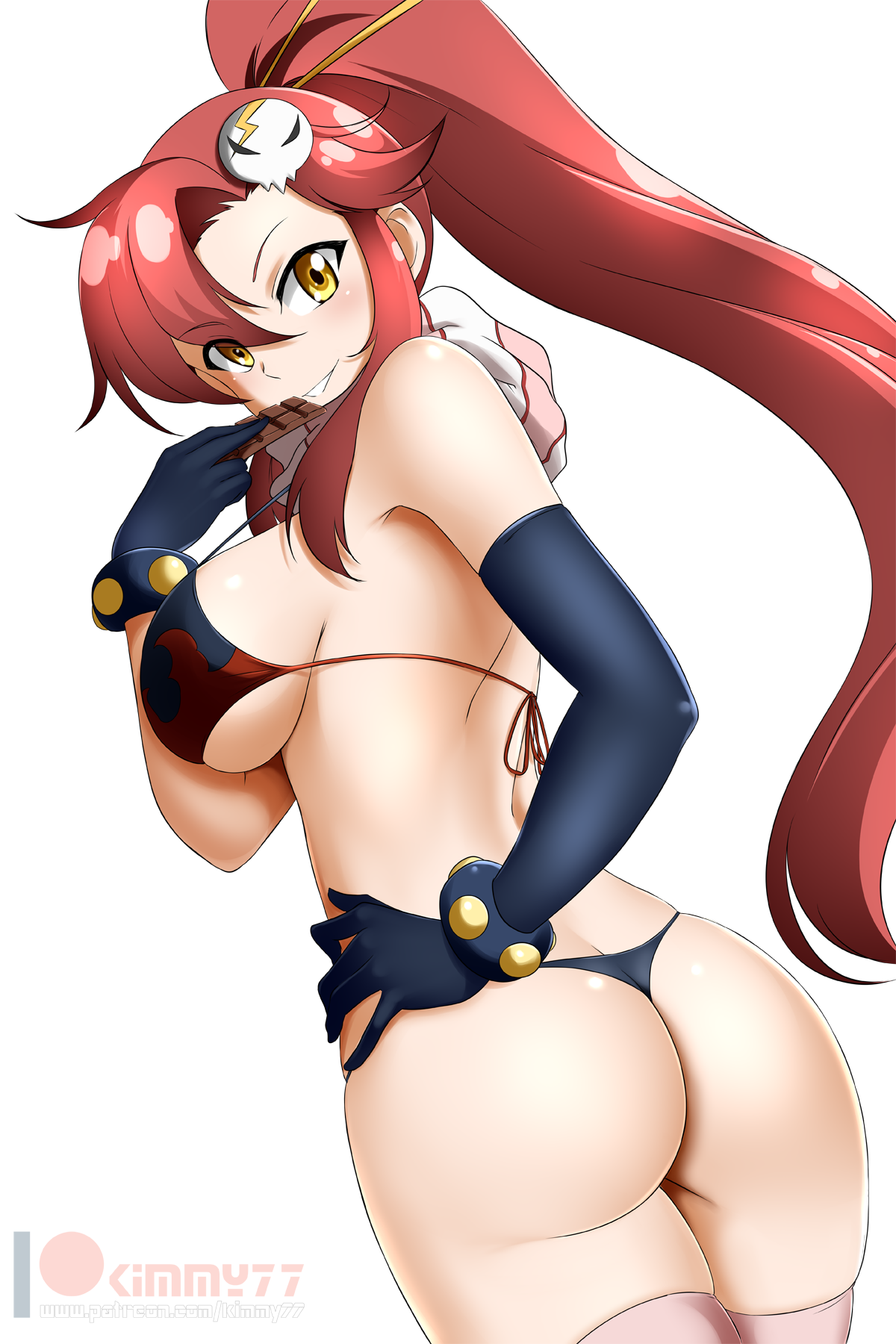 1girls, ass, ass cleavage, ass crack, back view, big ass, big breasts, bikini, bikini bottom, black thong, breasts, butt crack, female, female only, kimmy77, large breasts, looking at viewer, looking back, no pants, no shorts, solo, tengen toppa gurren lagann, thong, thong bikini, yoko littner