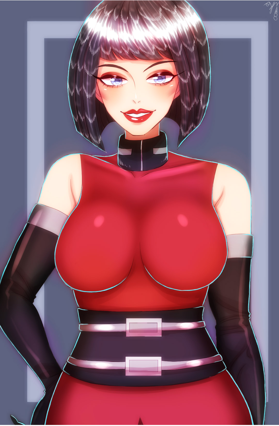 big breasts, black hair, blue eyes, bob cut, breasts, brotherhood of evil, clothed, clothed female, dc, dc comics, eyeshadow, female, female only, latex gloves, lipstick, madame rouge, makeup, mature female, red eyeshadow, red lipstick, red makeup, smile, solo, solo female, solo focus, supervillain, teen titans, washiko