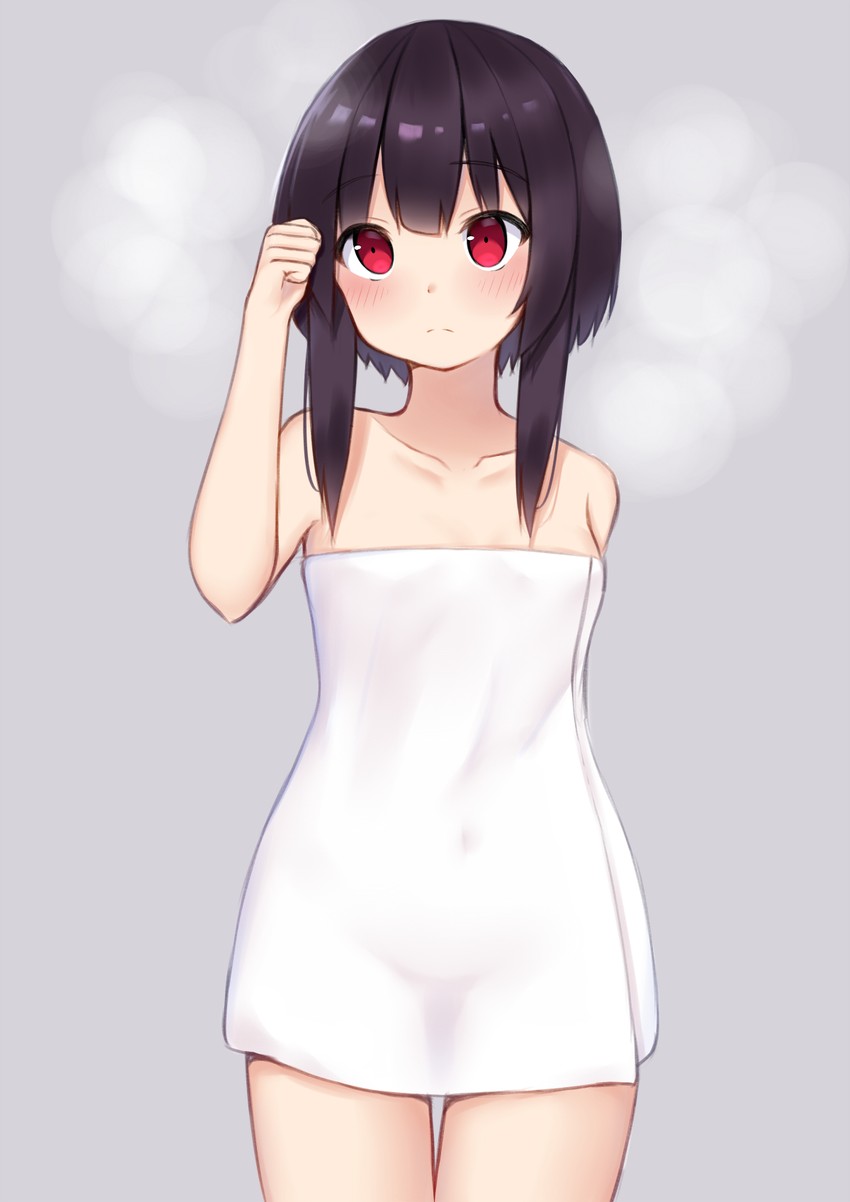 bangs, bare shoulders, blush, female, hand on head, kake kan, kono subarashii sekai ni shukufuku wo!, megumin, red eyes, short hair, thighs, towel