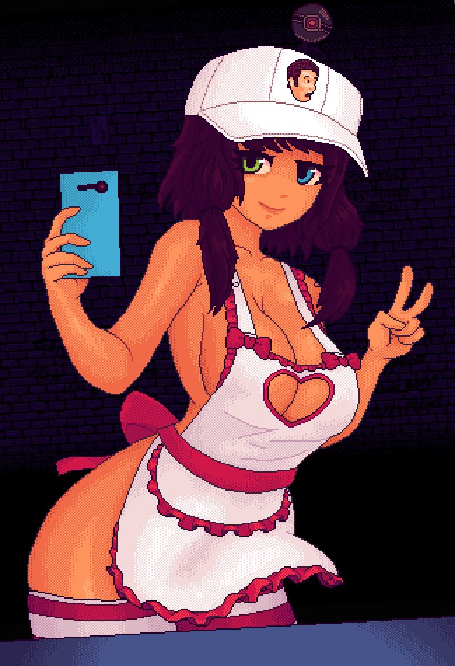 baseball_cap cellphone heterochromia large_breasts naked_apron pigtails selfie smile stockings streaming_chan susiesshitart tagme tanned v va-11_hall-a