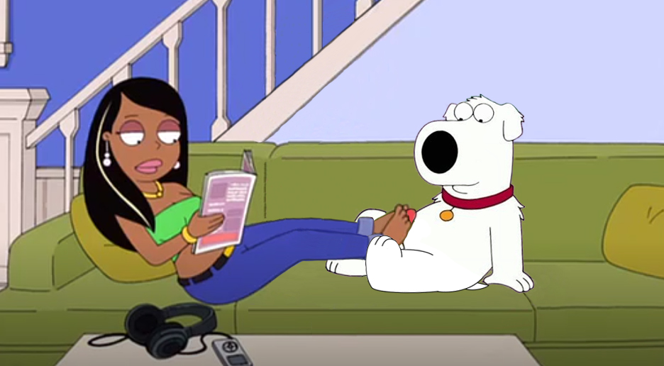 brian griffin, canine, couch, family guy, female, foot fetish, footjob, interspecies, reading, roberta tubbs