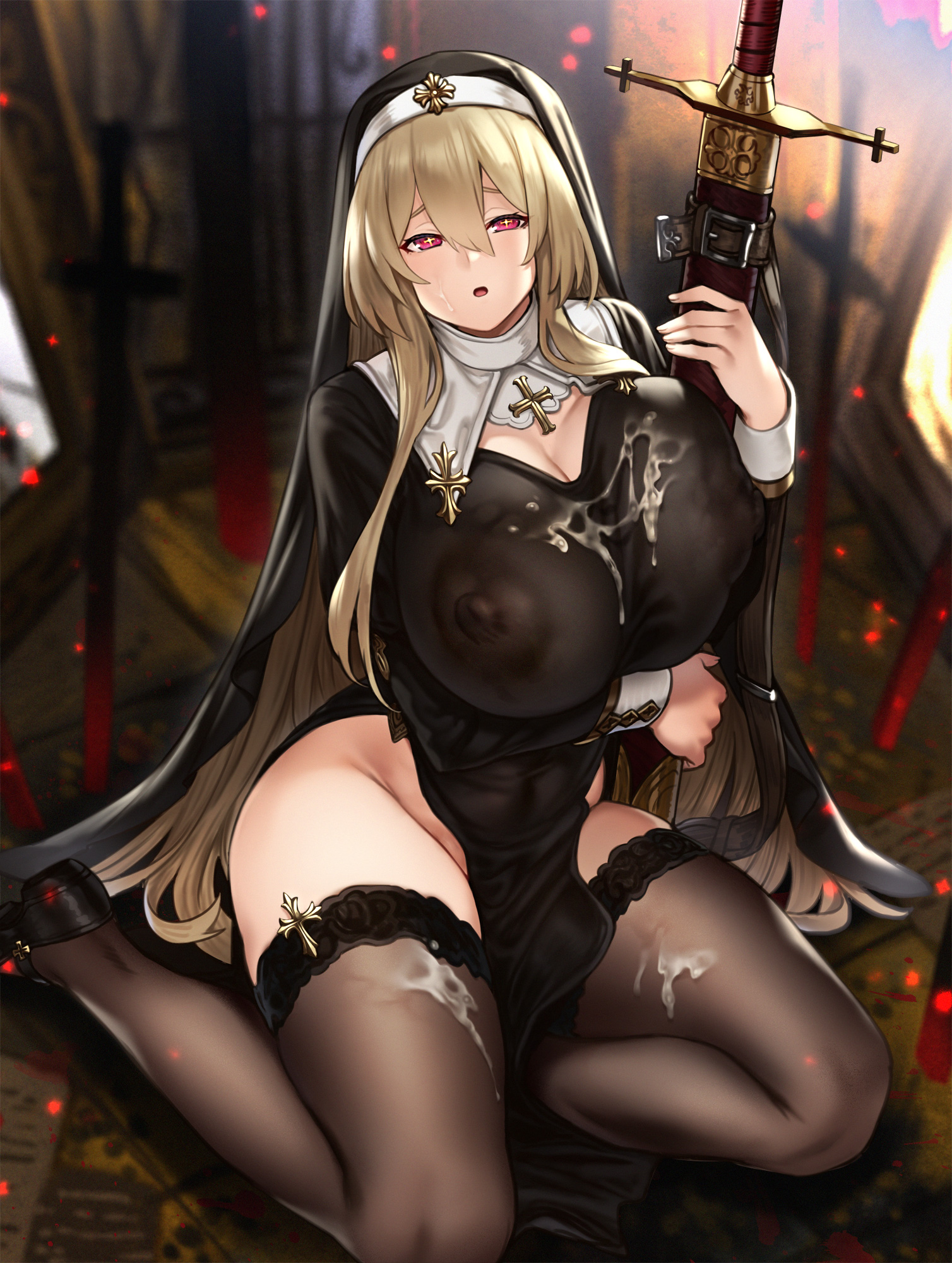 1girls, areolae, blonde hair, breasts, cleavage, cum, cum on breasts, cum on clothes, cum on face, female, female only, houtengeki, huge breasts, large breasts, long hair, looking at viewer, nipples, no panties, nun, nun's habit, pelvic curtain, red eyes, see-through, solo, sword, thighhighs