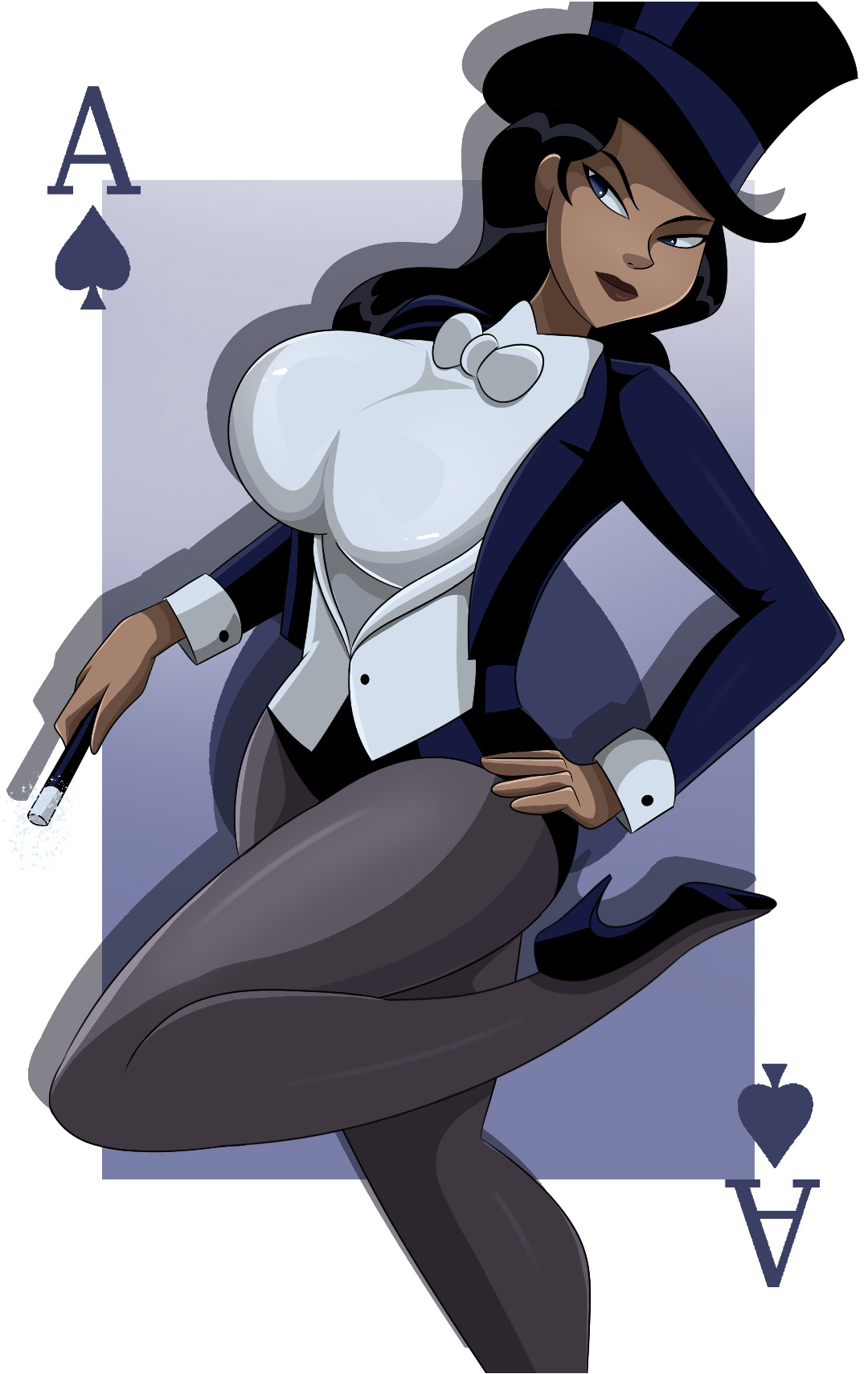 ace card background, big breasts, black hair, blue eyes, bowtie, breasts, button shirt, dc, dc comics, female, justice league, justice league unlimited, long hair, magician, magician hat, mature female, sonson-sensei, stockings, text, wand, zatanna