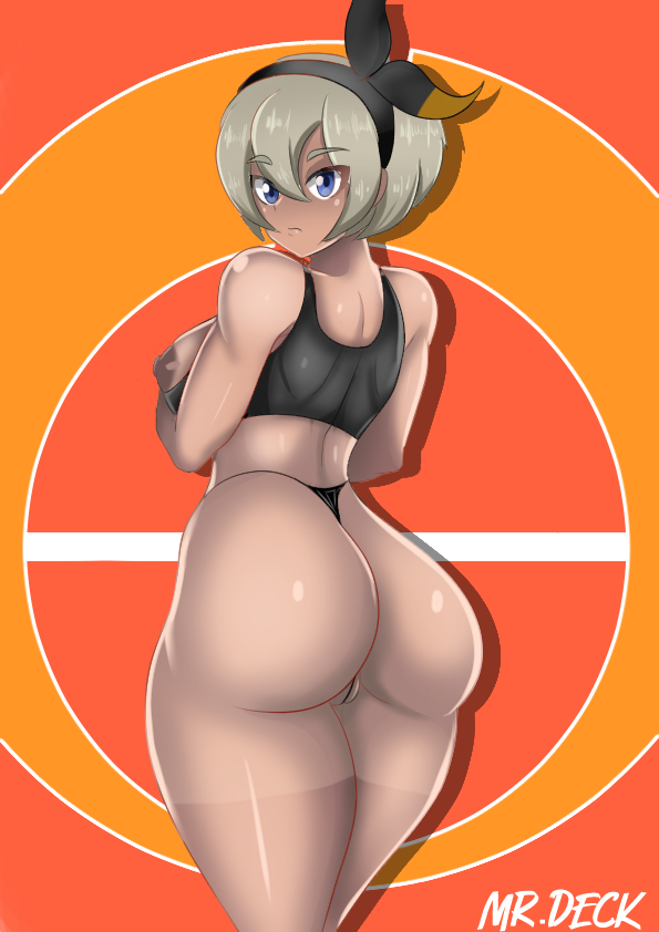 1girls, alternate breast size, alternate outfit, ass, back, bea (pokemon), breasts, dark skin, dark-skinned female, female, female only, huge ass, human only, large breasts, looking at viewer, looking back, mrdeck, nintendo, nipples, panties, pokemon, pokemon ss, pose, shirt, solo, tank top, text, thick thighs, thong, watermark, wide hips