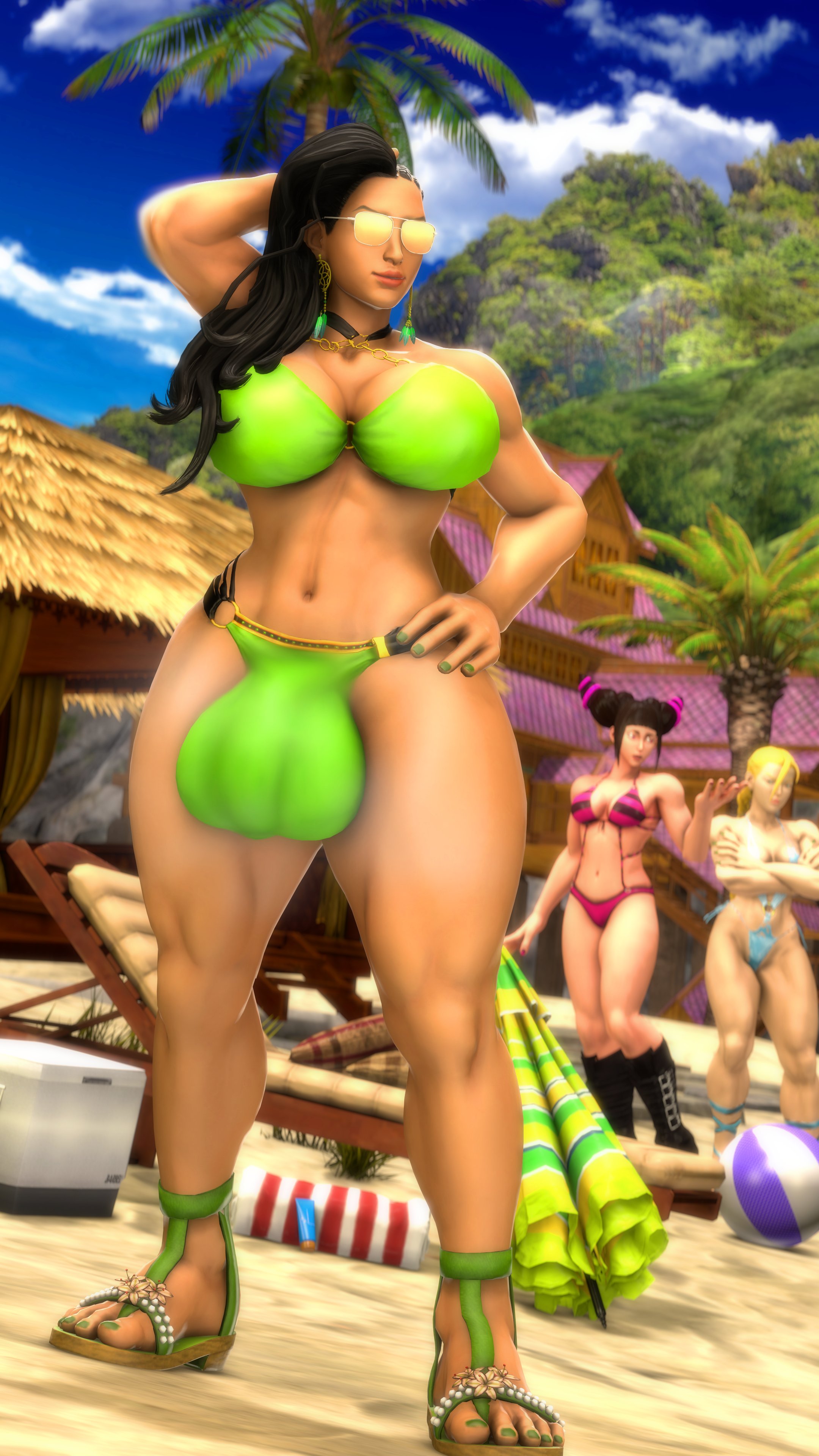 1futa, 2girls, 3d, abs, absurdres, balls, balls in panties, beach, big balls, big breasts, big bulge, big penis, big thighs, bikini, black hair, bra, brazilian, brazilian futa, breasts, bulge, bulge through clothing, bulge under clothes, cammy white, cleavage, clothed, clothed futa, dark hair, dark skin, dark-skinned futa, dickgirl, feet, female, full-package futa, futa focus, futanari, green panties, green toenails, highres, huge balls, huge breasts, intersex, juri han, large breasts, laura matsuda, long hair, midriff, muscular, muscular female, muscular thighs, navel, open toe shoes, orange-tinted eyewear, outdoors, outside, panties, penis, penis in panties, pose, public, public indecency, rattledbonezone, solo focus, source filmmaker, street fighter, street fighter v, sunglasses, swimsuit, tan skin, testicles, thick penis, thick thighs, tinted eyewear, toenail polish, toes, toned, toned futa, wide hips, yellow-tinted eyewear