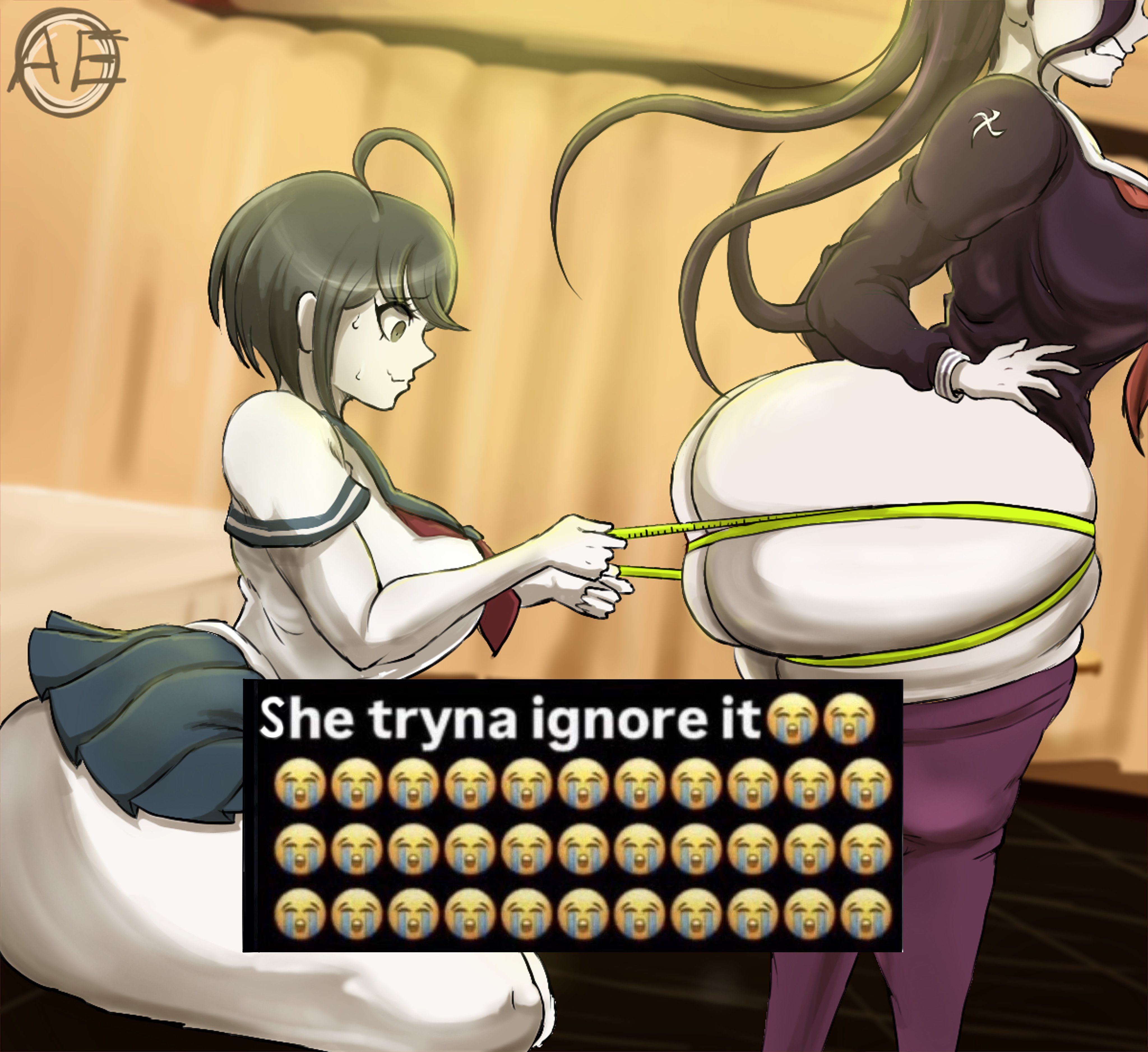 2girls, alt3r eg0, ass, ass bigger than head, breasts, bubble butt, caption, curvy, danganronpa, danganronpa (series), danganronpa ultra despair girls, fat ass, female, female only, fukawa touko, he tryna ignore it (meme), huge ass, hyper, hyper ass, large breasts, massive ass, measuring tape, meme, naegi komaru, plump ass, school uniform, side ass, thick, thick ass, thick thighs, thighs, wide hips