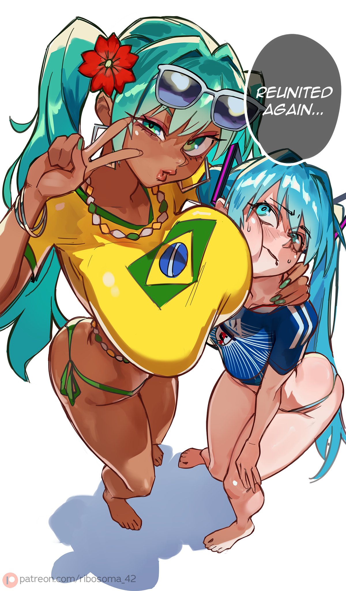 2girls aqua_eyes aqua_hair asian asian_female ass ass_size_difference big_ass big_breasts bikini blue_eyes blush brazilian brazilian_female brazilian_flag brazilian_miku breast_size_difference breasts collar earrings feet female female_only flower flustered glasses hair_ornament hatsune_miku height_difference hips latina lipstick long_hair looking_at_viewer nail_polish pale-skinned_female pale_skin panties ribosoma_42 sunglasses sunglasses_on_head tagme tan_body tan_skin tanned tanned_female thick_thighs thighs turquoise_eyes turquoise_hair twintails v_sign very_long_hair white_background wide_hips