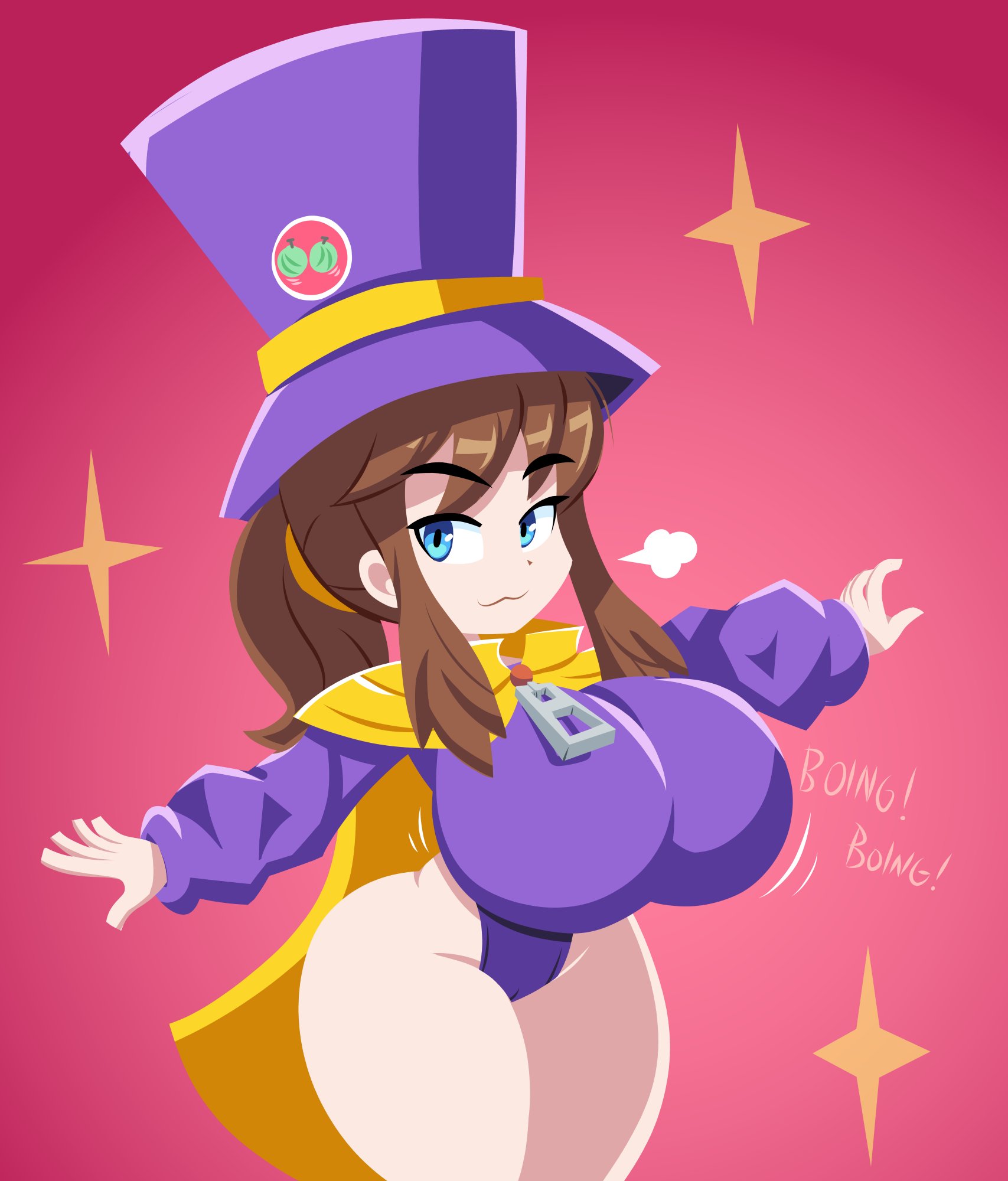 :3, 1girl, a hat in time, alternate breast size (larger), blue eyes, bouncing breasts, breasts, brown hair, cape, closed mouth, flat colors, food, fruit, hat, hat kid, hat ornament, large breasts, leotard, long hair, looking at viewer, melon, motion lines, no lineart, no outlines, oppai loli, pink background, ponytail, purple leotard, solo, sparkle, thick thighs, thighs, top hat, yelladrill, yellow cape