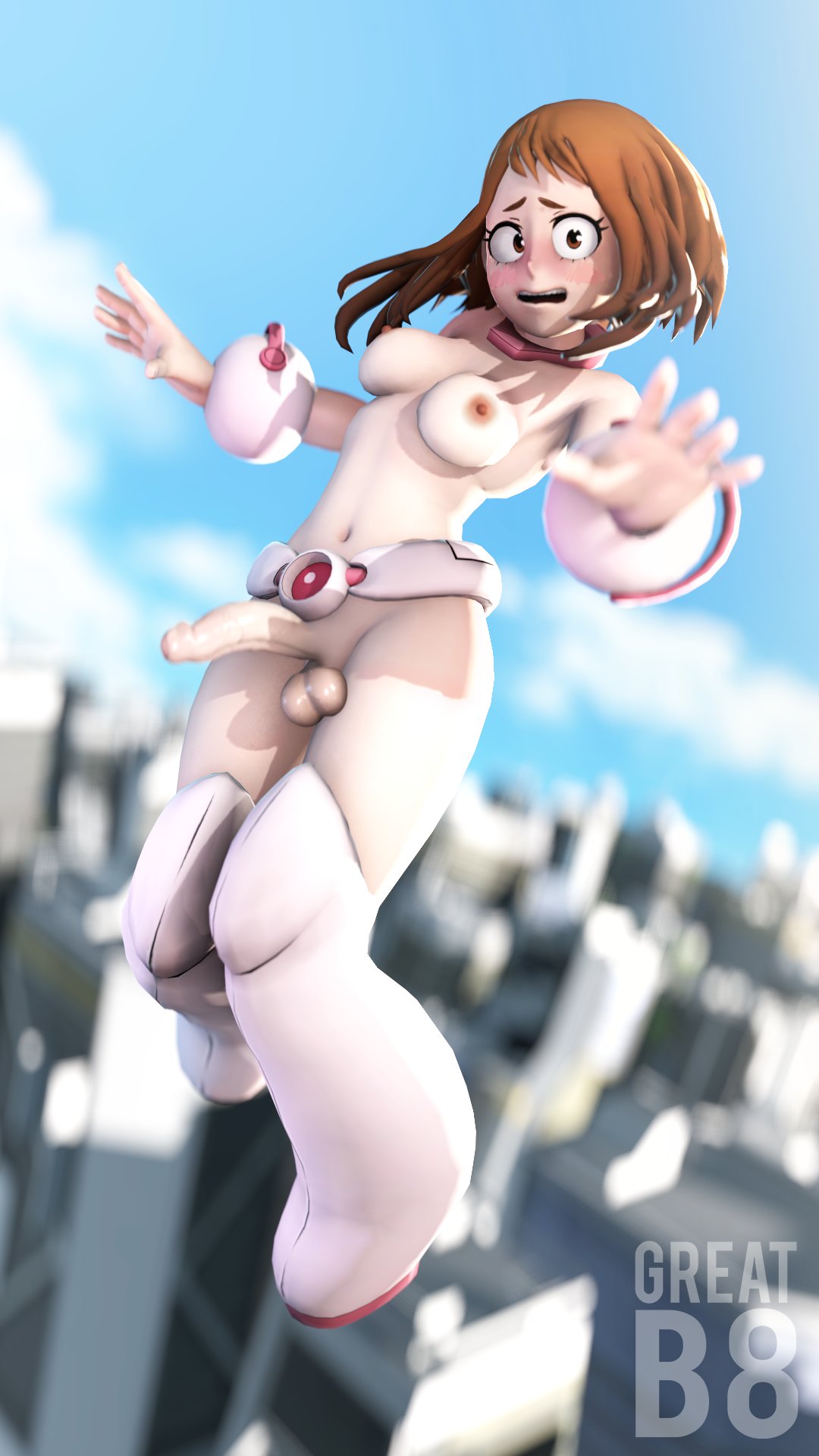 1futa, 3d, 3d (artwork), accidental exposure, areolae, balls, belt, blush, boots, bracers, breasts, brown hair, collar, curvy, embarrassed, embarrassed nude futa, erect nipples, erect penis, exposed, exposed ass, exposed balls, exposed nipples, exposed penis, floating, functionally nude, futa only, futanari, gauntlets, greatb8, greatm8, half-erect, intersex, looking at viewer, lost clothes, medium breasts, my hero academia, nipples, nude, ochako uraraka, partially clothed, penis, realistic, sagging balls, short hair, wardrobe malfunction